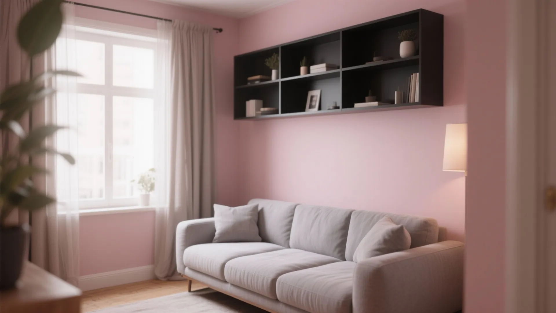 Pink wall living room interior with grey sofa black wall shelf and light colored curtain