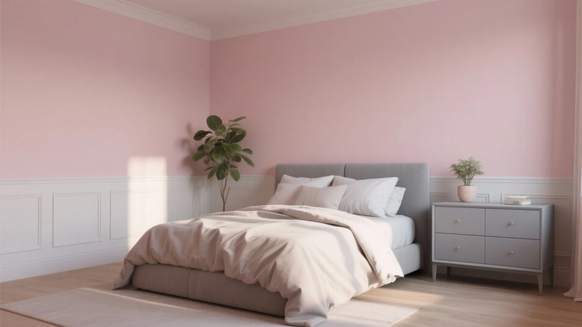 Modern bedroom featuring pink walls white wall panels grey bed green plant and grey side cabinet