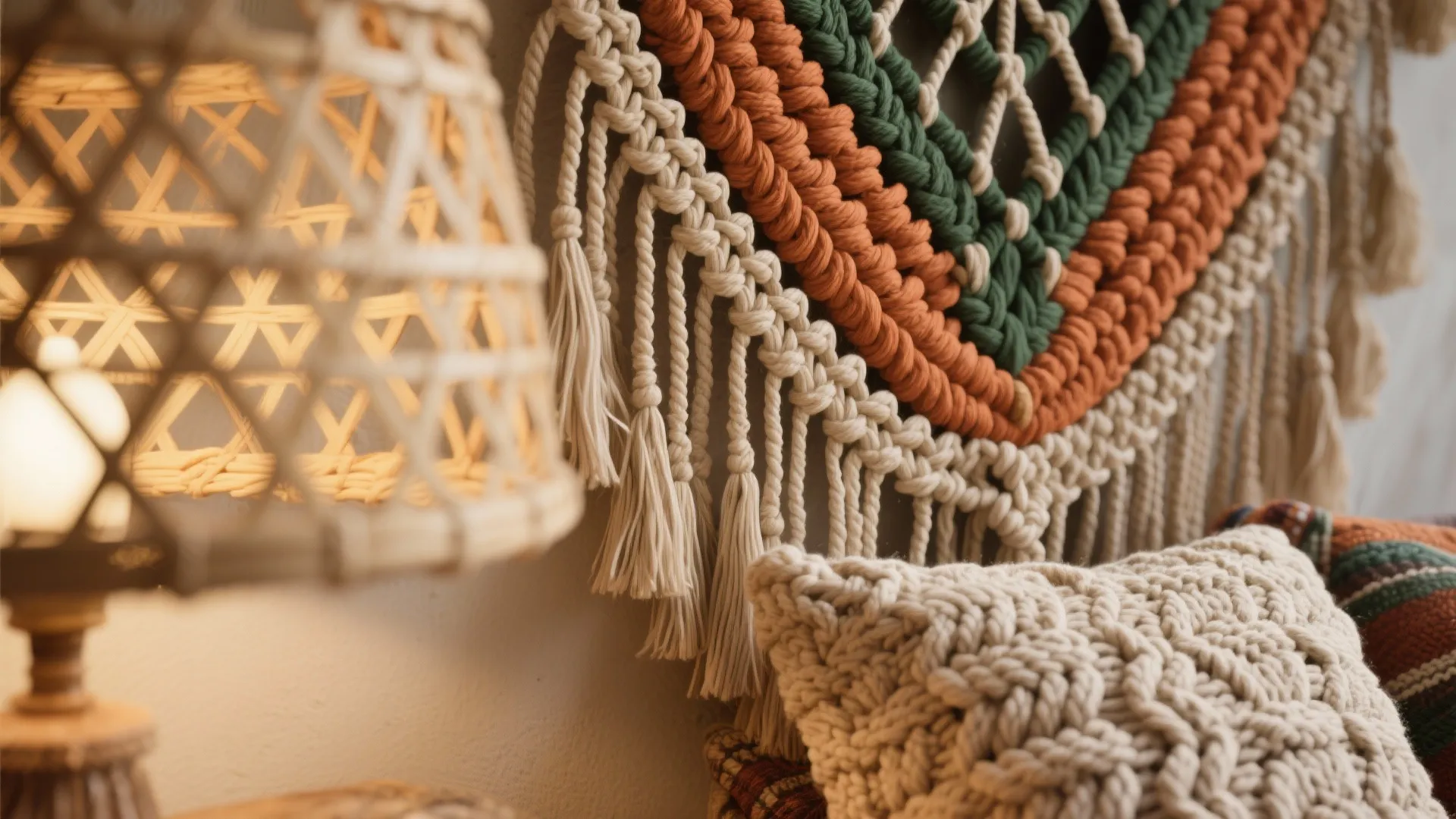 Close up of a woven table lamp and boho wall hanging with colorful patterns and tassels