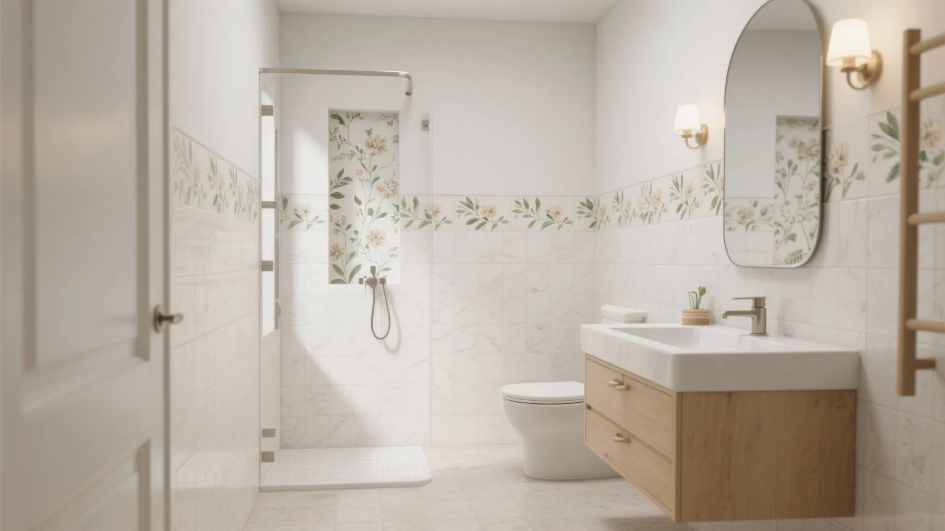 Bright bathroom with floral wall tiles, wooden vanity, sink, white toilet, and glass shower area