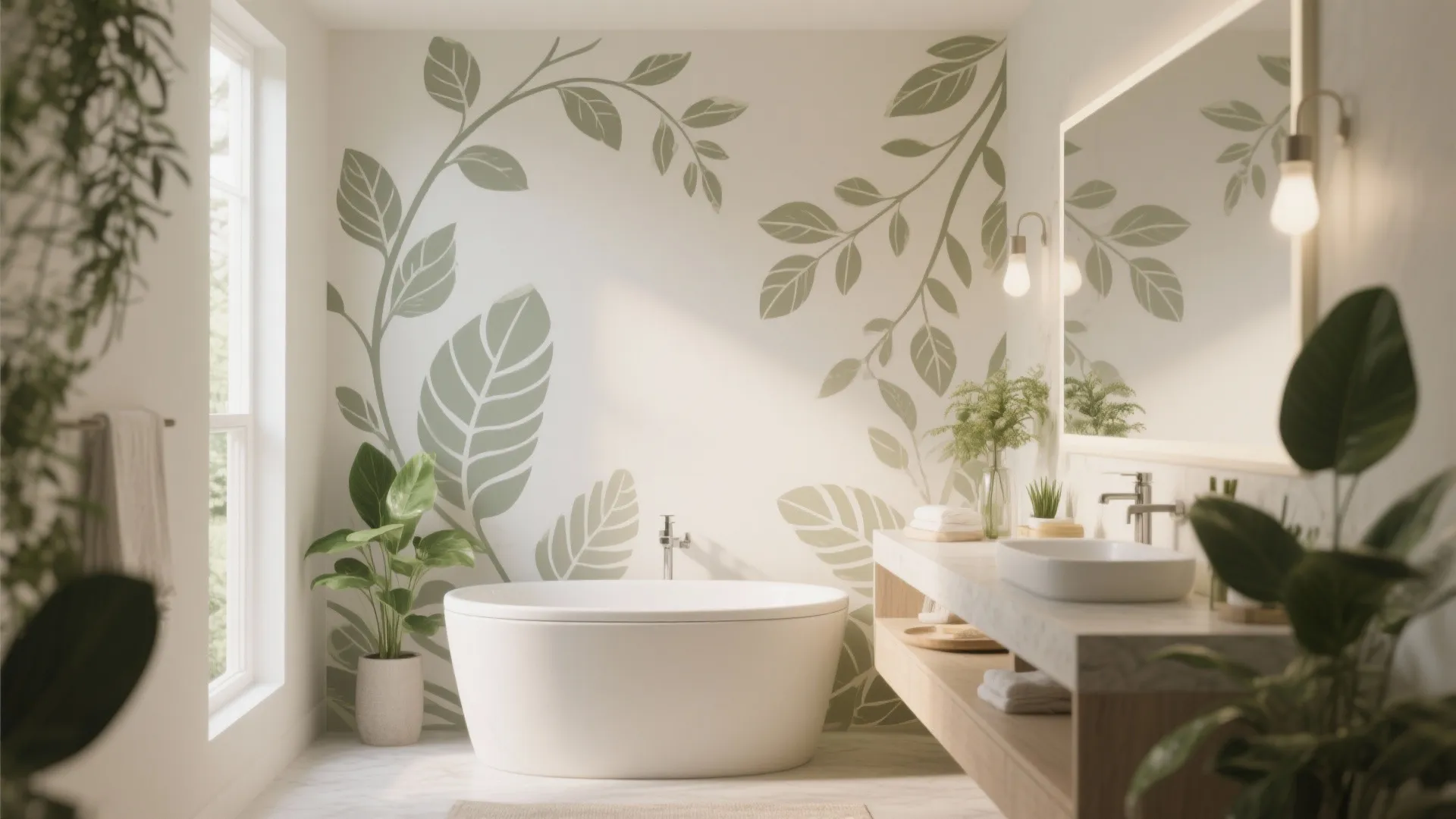 Bathroom with muted leaf and vine stencil wall and neutral vanity