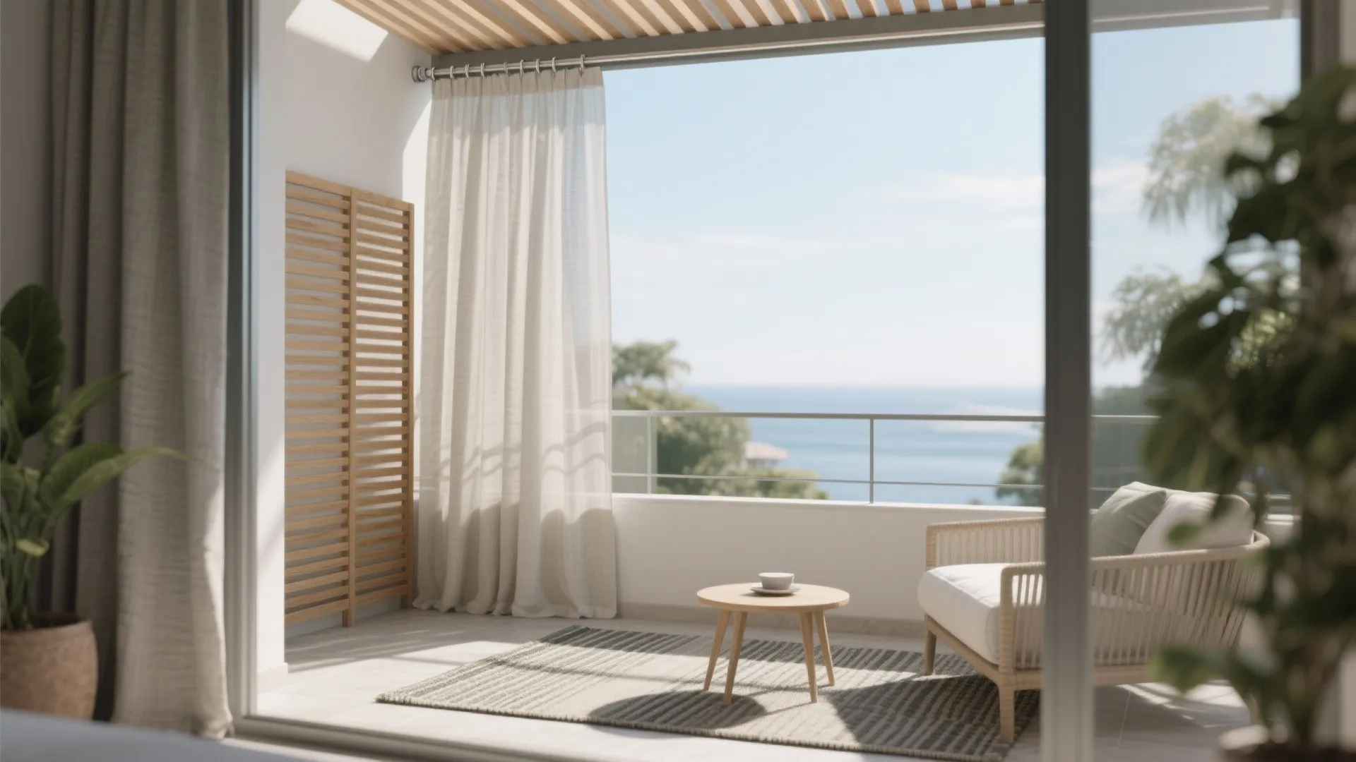 Sunny balcony overlooking sea with white curtain wooden wall panel small round table and armchair