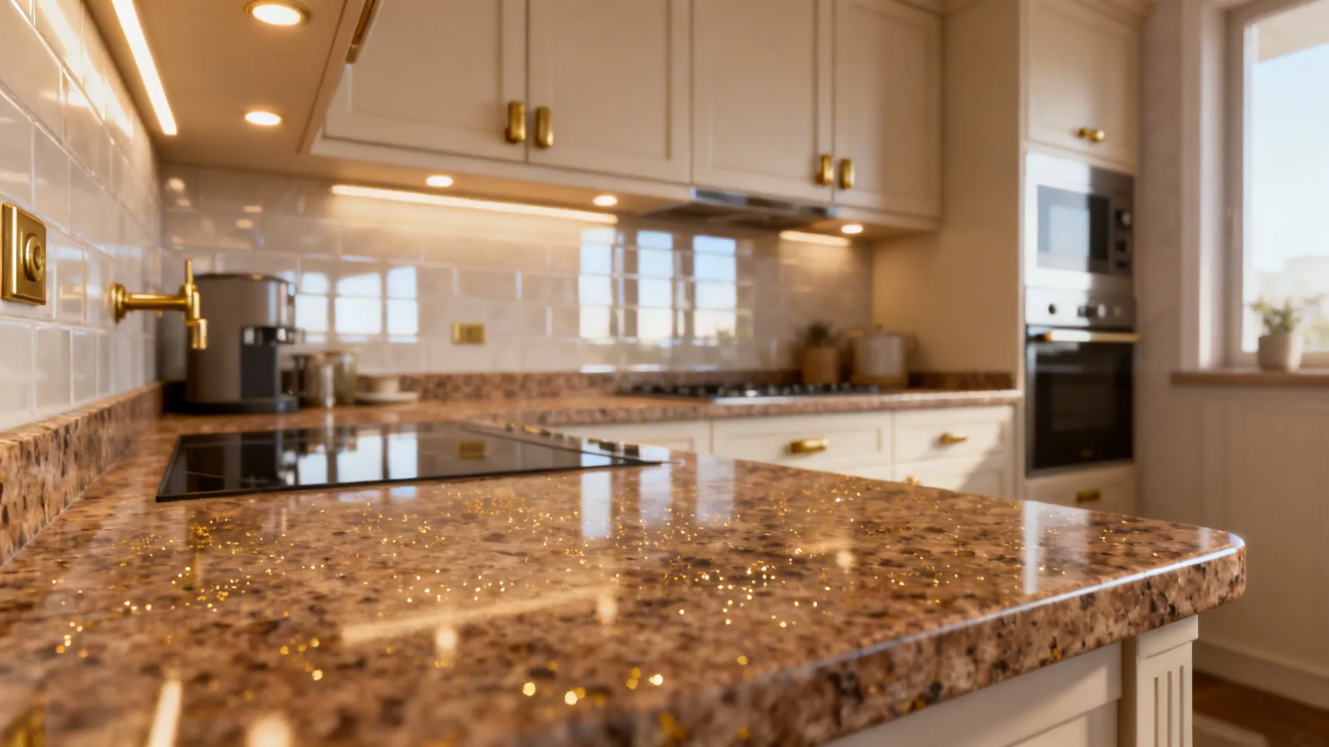 Brown granite kitchen countertop with gold sparkles beside white cabinets with lights and gas stove