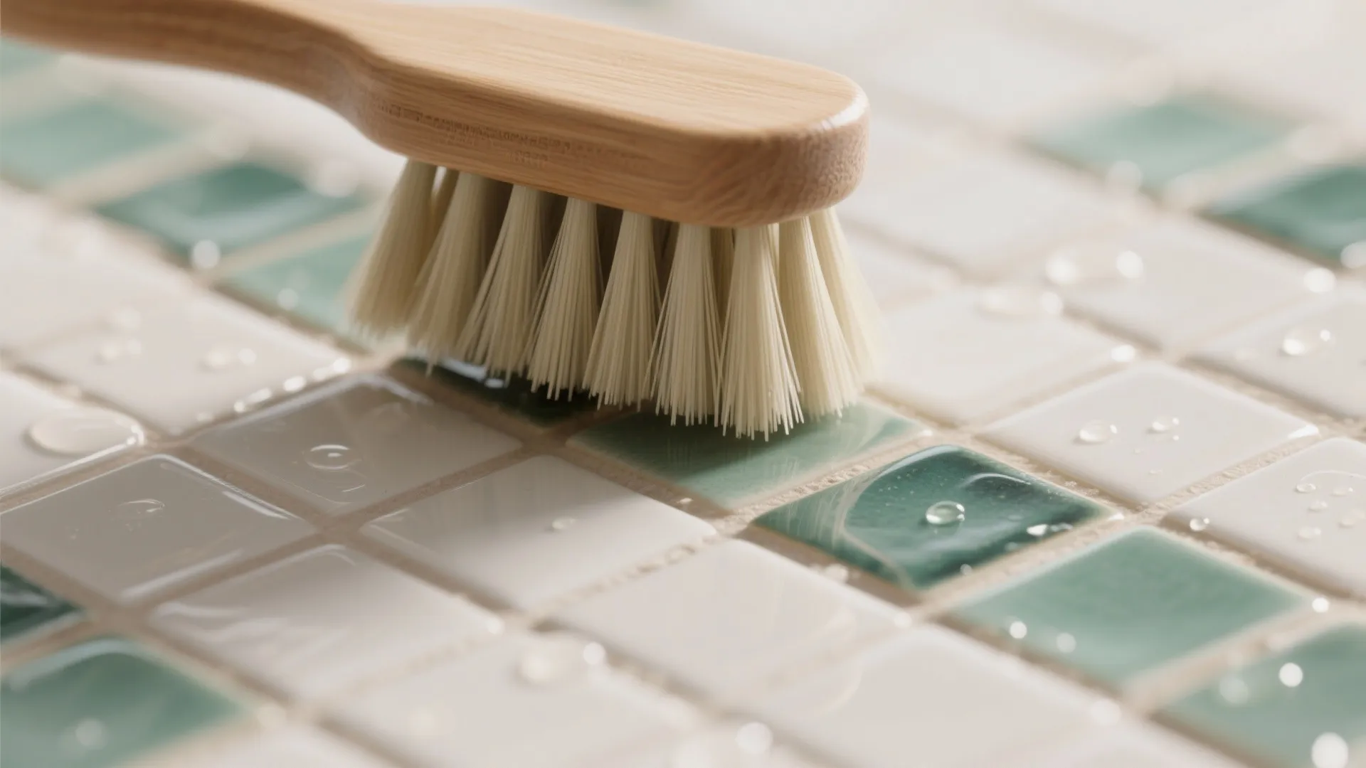 Macro of a soft nylon tile brush cleaning delicate glazed subway tiles with colored grout.