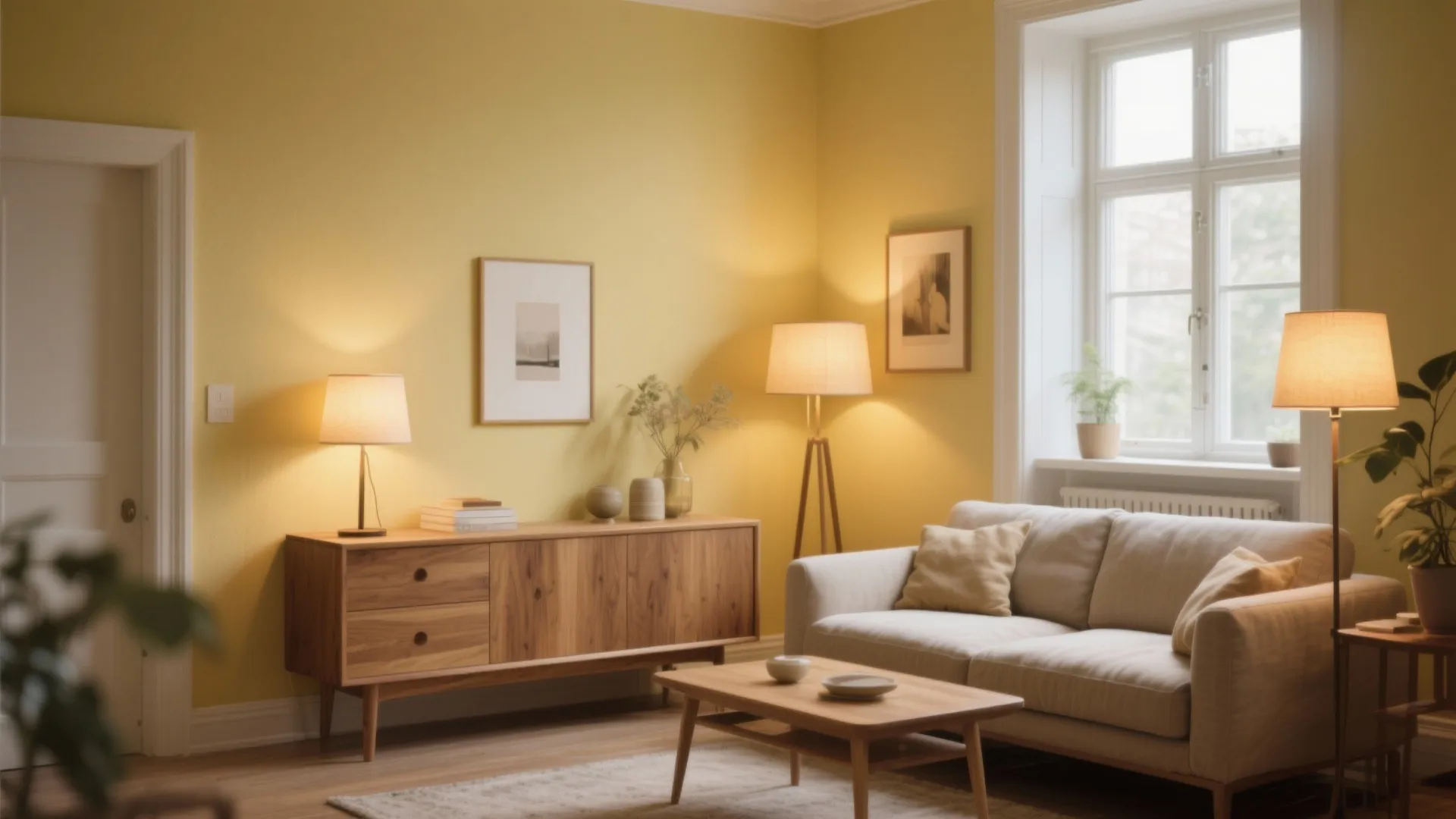 Warm living room with yellow walls wooden cabinet cream sofa coffee table and floor lamp lighting