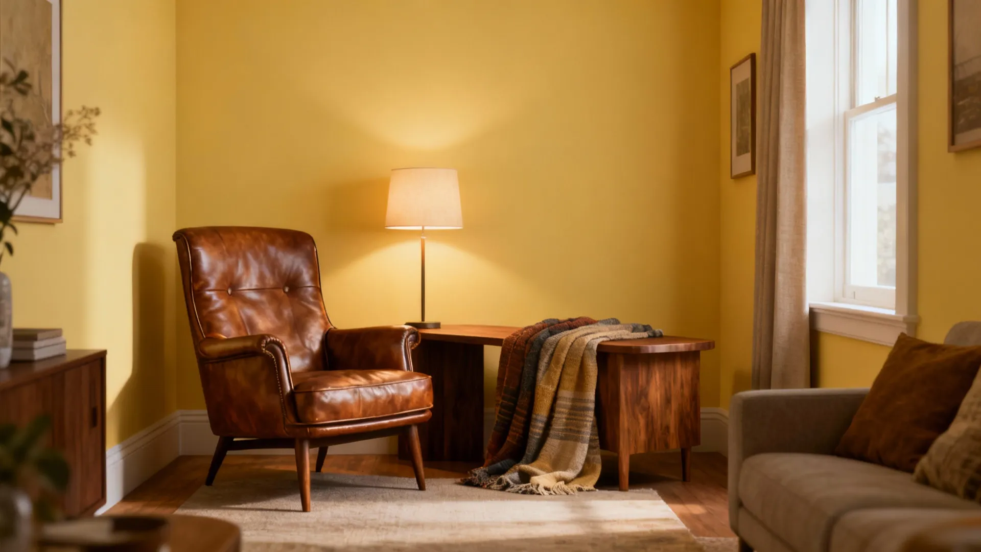 Compact living room with soft butter-yellow walls, leather armchair and warm wood accents creating a cozy glow.