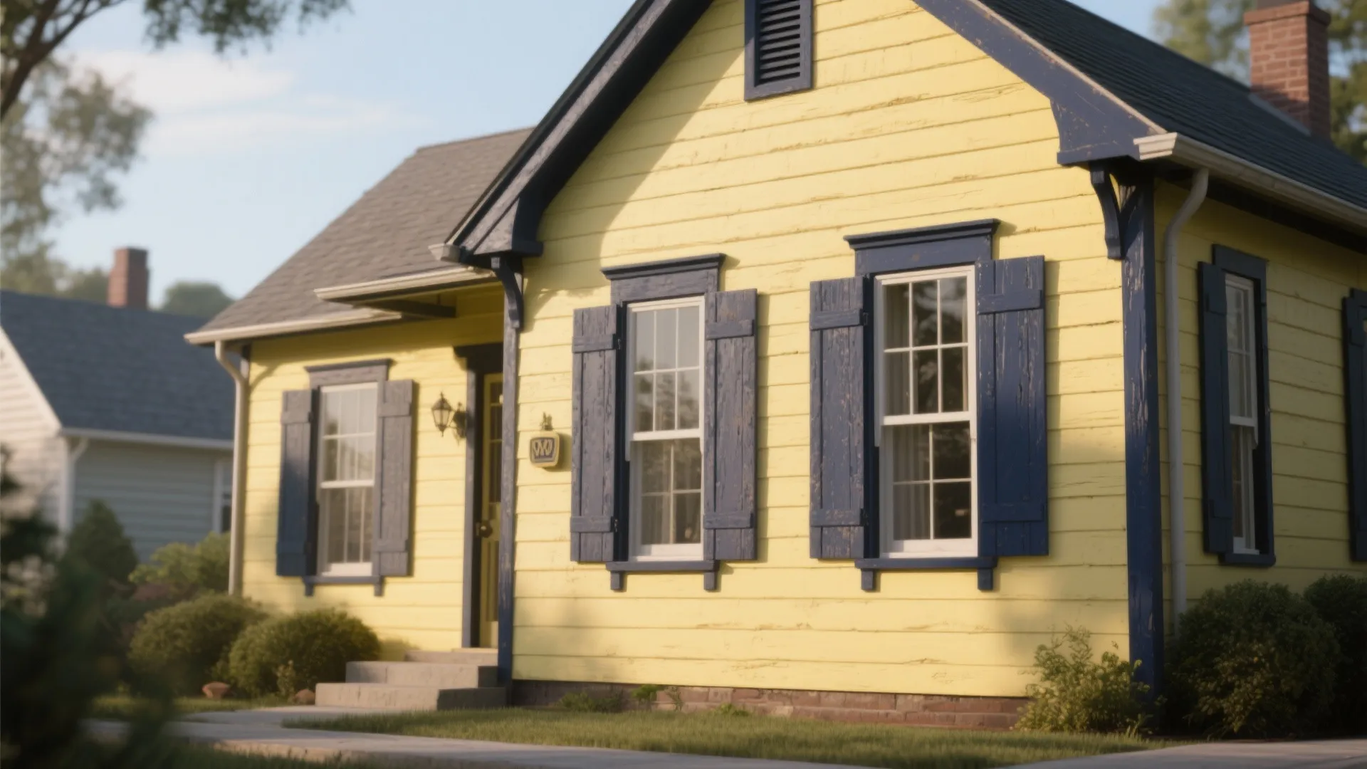 Close up of yellow house with dark blue windows and blue shutters under bright sunlight