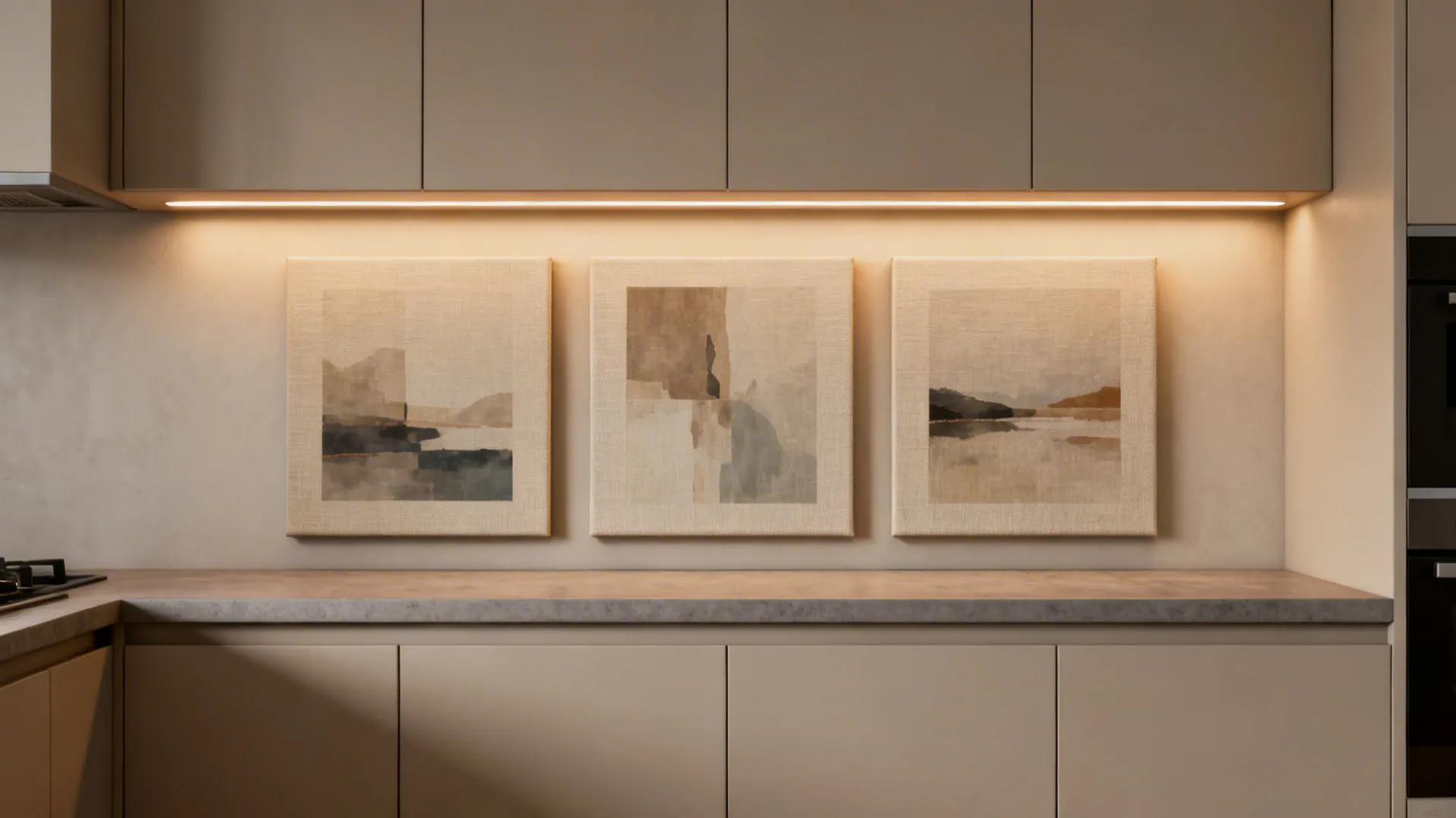 3) Soft-Tone Canvas Triptych Above the Counter