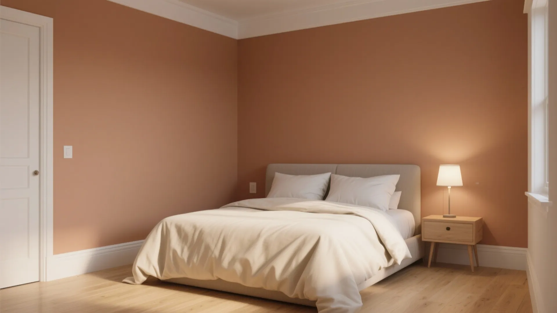 Small bedroom with soft caramel walls and crisp white trim, cream linens and light wood floor.