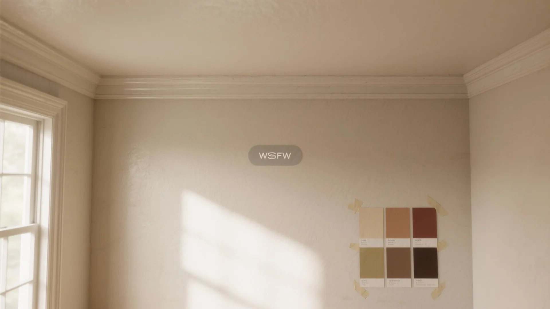 Ceiling washed in a warm tone with crisp eggshell trim under soft daylight.