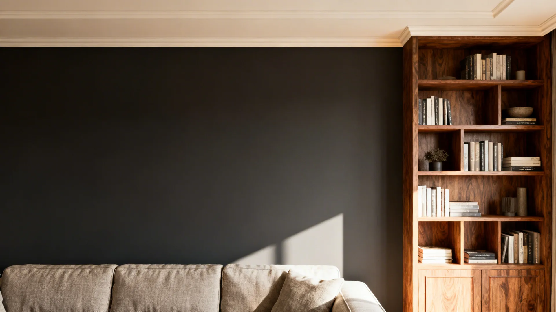 Narrow loft seating area with a soft charcoal feature wall, warm off-white trim and bookshelf.