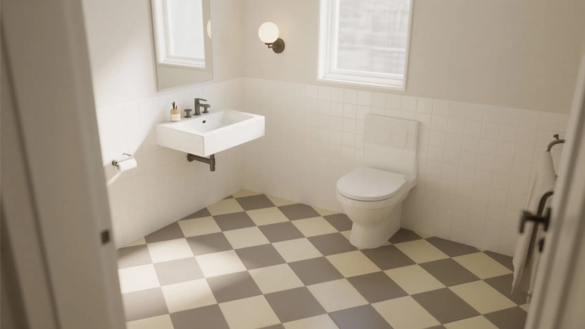 Soft checkerboard or micro-terrazzo floors with restrained walls