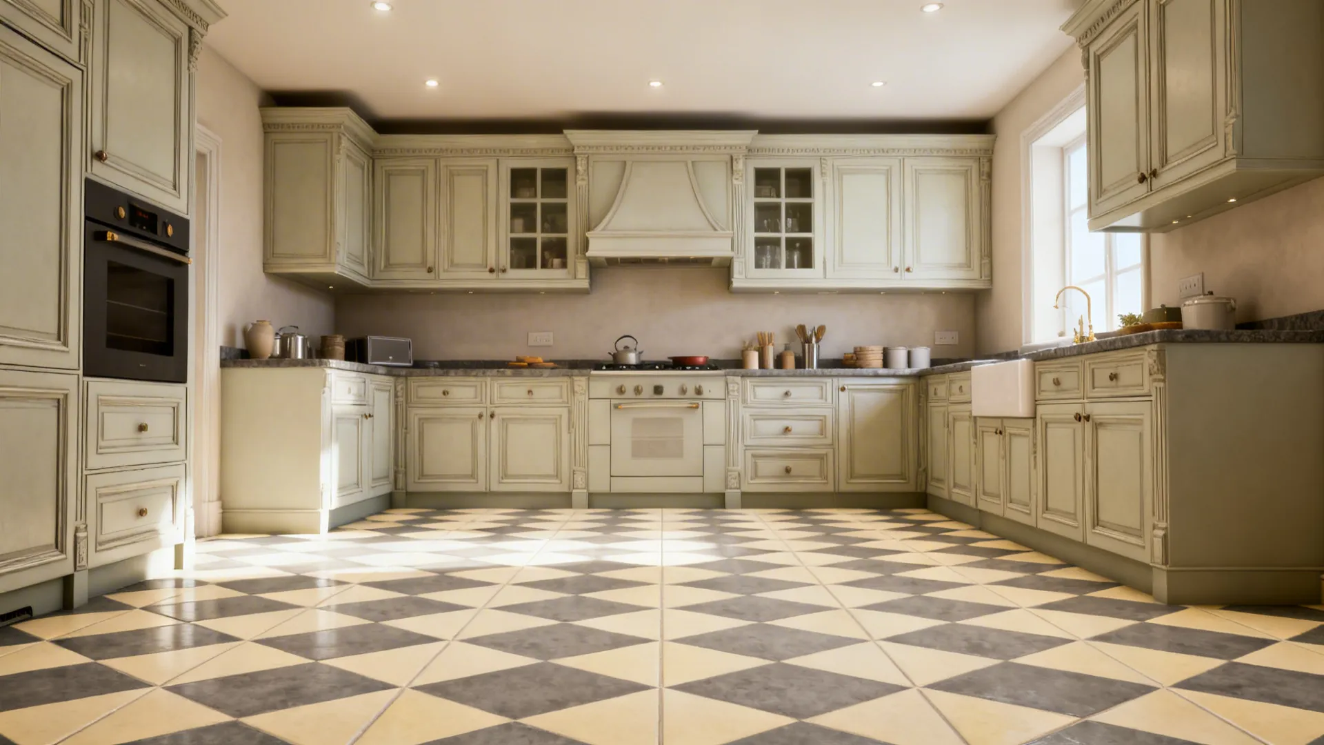 Large kitchen with green cabinets and a black and white diamond pattern tiled floor design