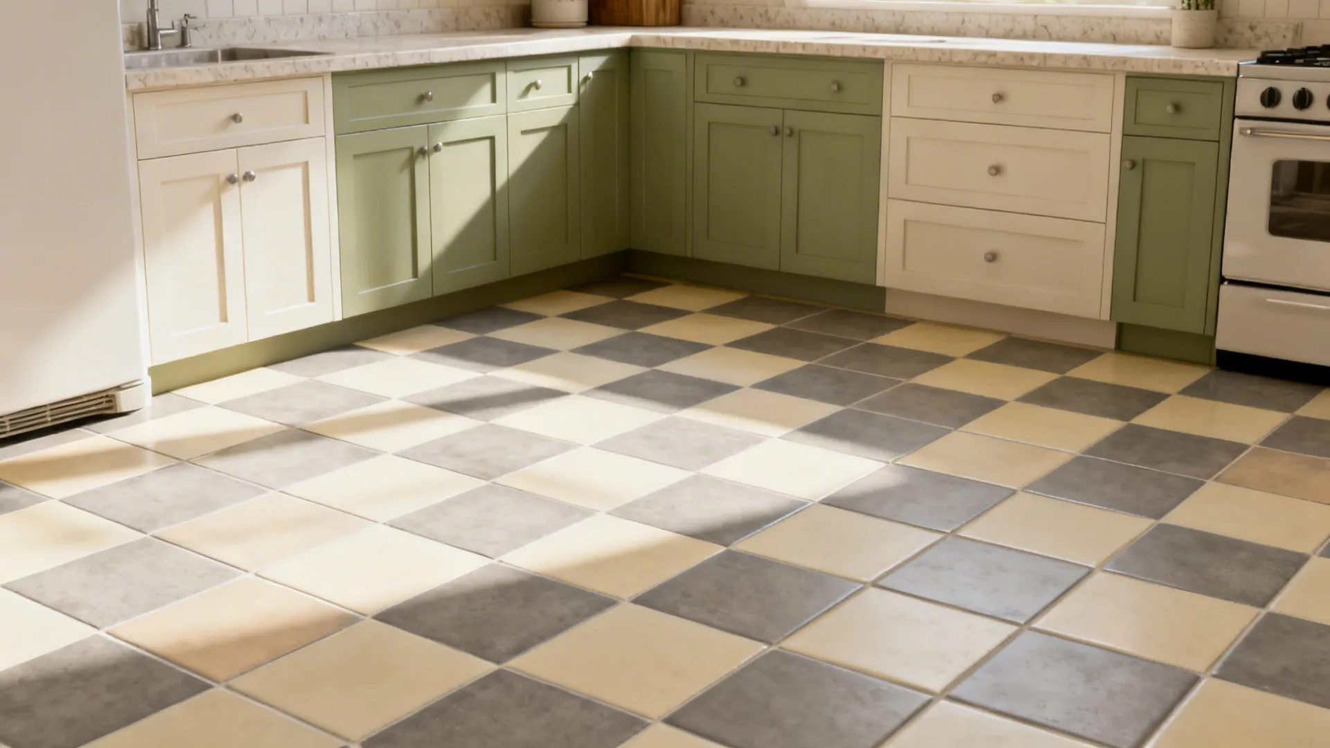 Modern kitchen with warm gray and cream checkerboard porcelain tiles aligned with cabinetry.