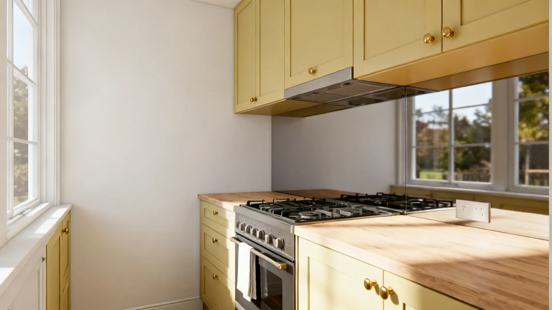 Small kitchen with pale citrine upper cabinets, white walls, and pale oak counters glowing in daylight.