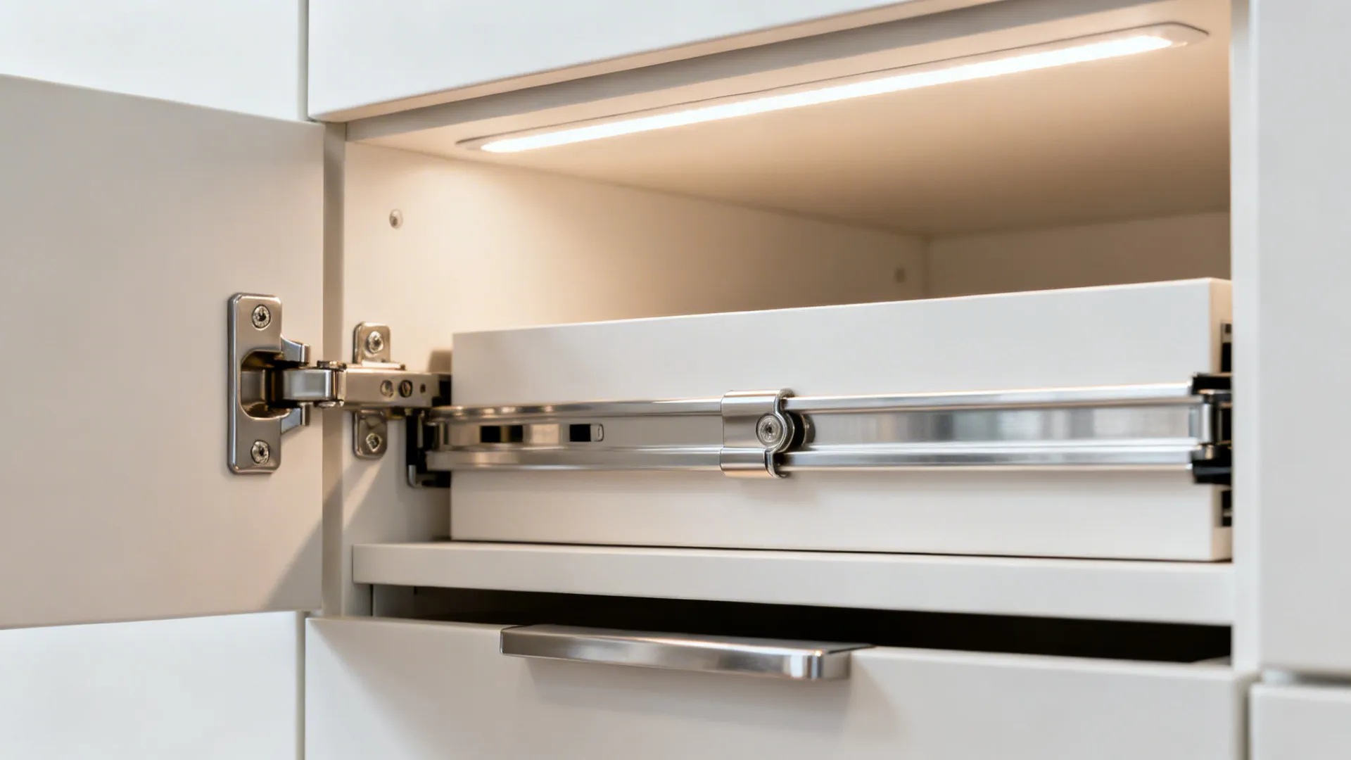 Close-up of soft-close hinge and drawer channel illuminated by under-cabinet LEDs.