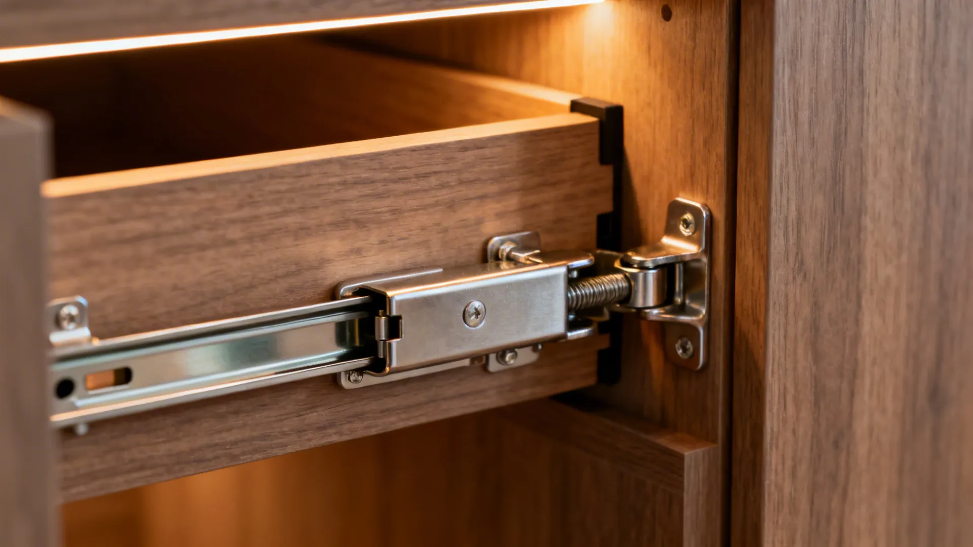Macro of soft-close hinge and full-extension slide inside a warm wood-tone cabinet.