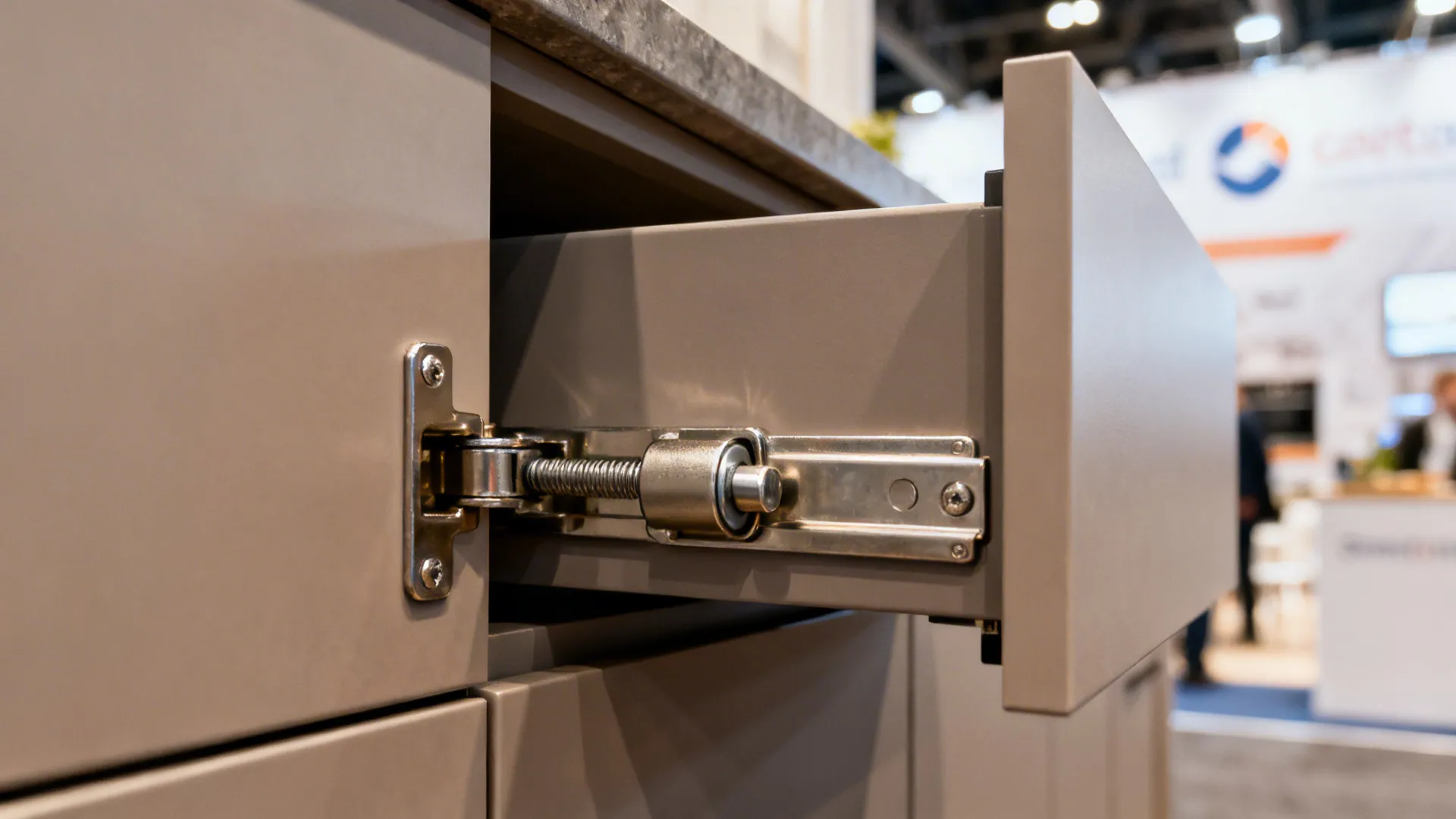 Close-up of soft-close drawer hardware on a matte cabinet door at a kitchen show.