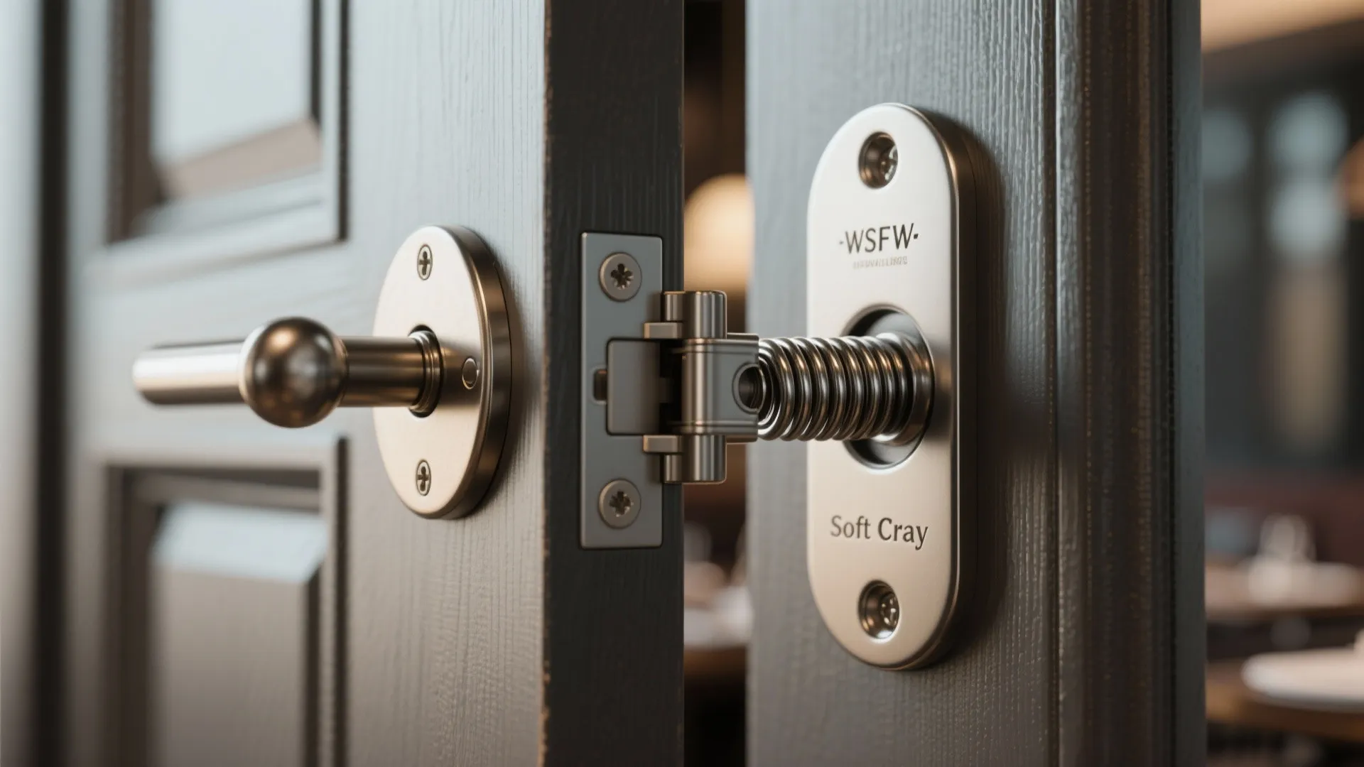 Close-up of a soft-close hinge and weighted mechanism used on restaurant-style doors.