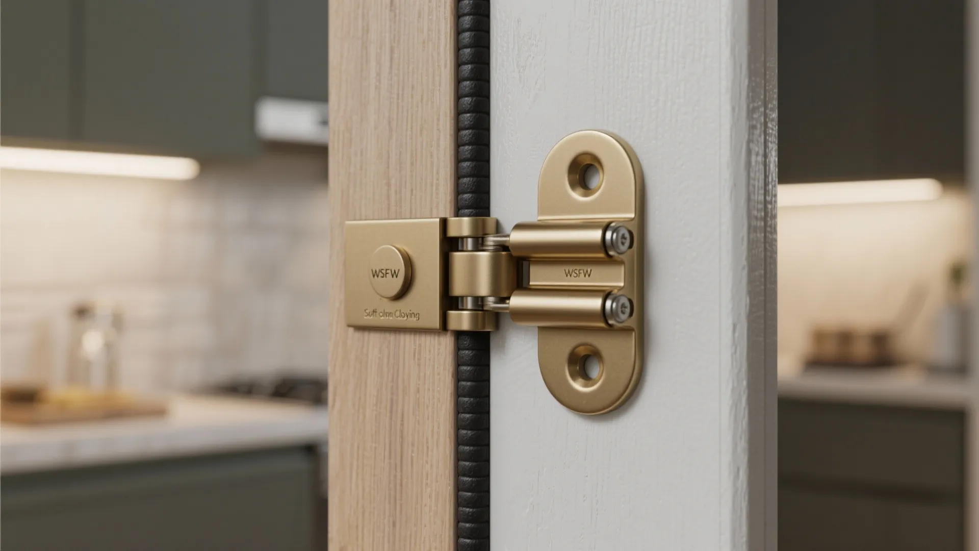 Close-up of soft-closing double-acting hinge and bumper strip on a café-style door, showing hardware detail.