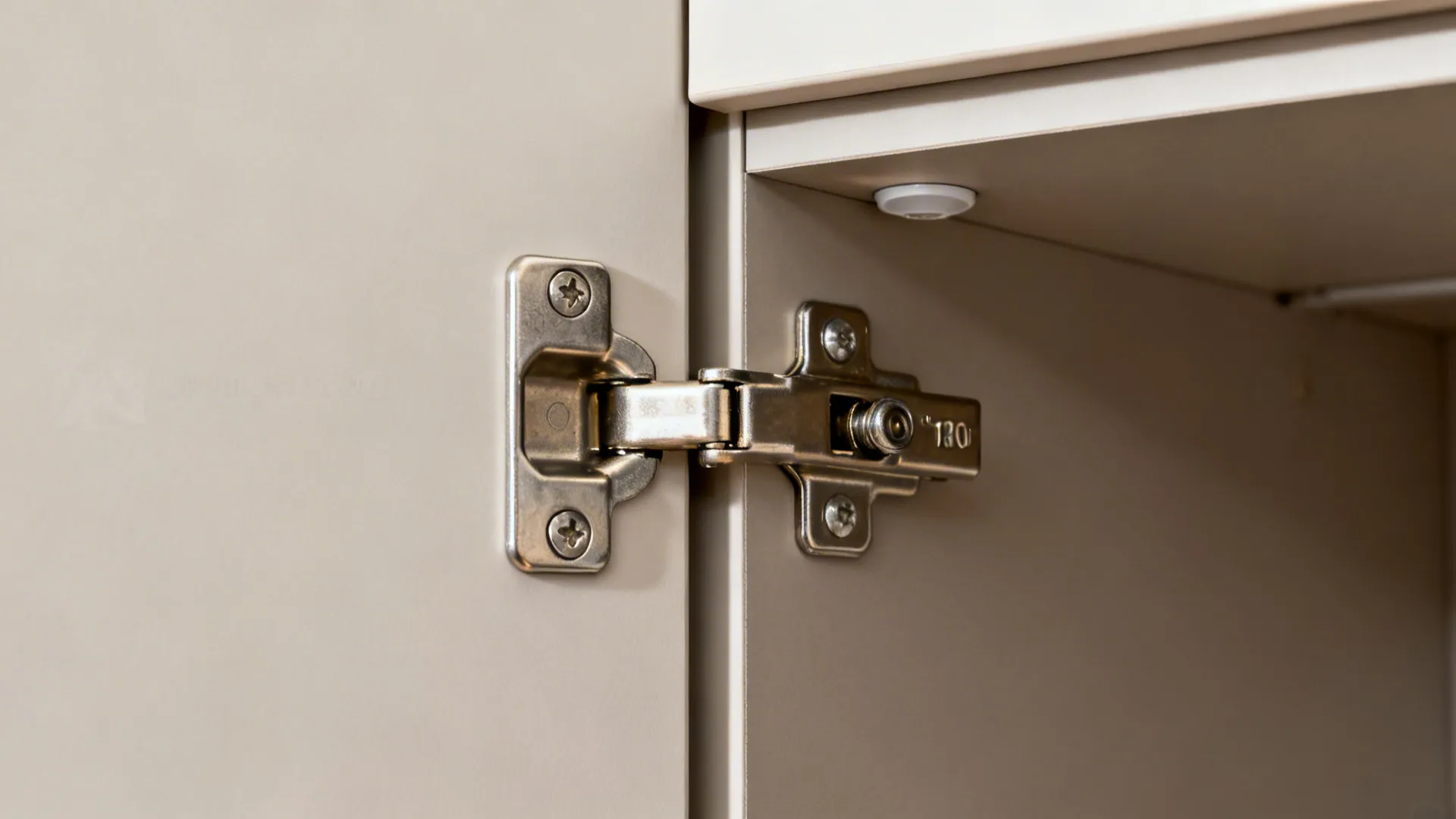 Metal door hinge attached to a white cabinet door inside a modern home kitchen storage area