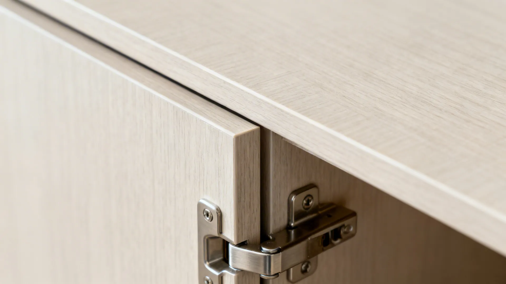 Macro view of soft-close hinge and sealed laminate edge demonstrating durable construction.