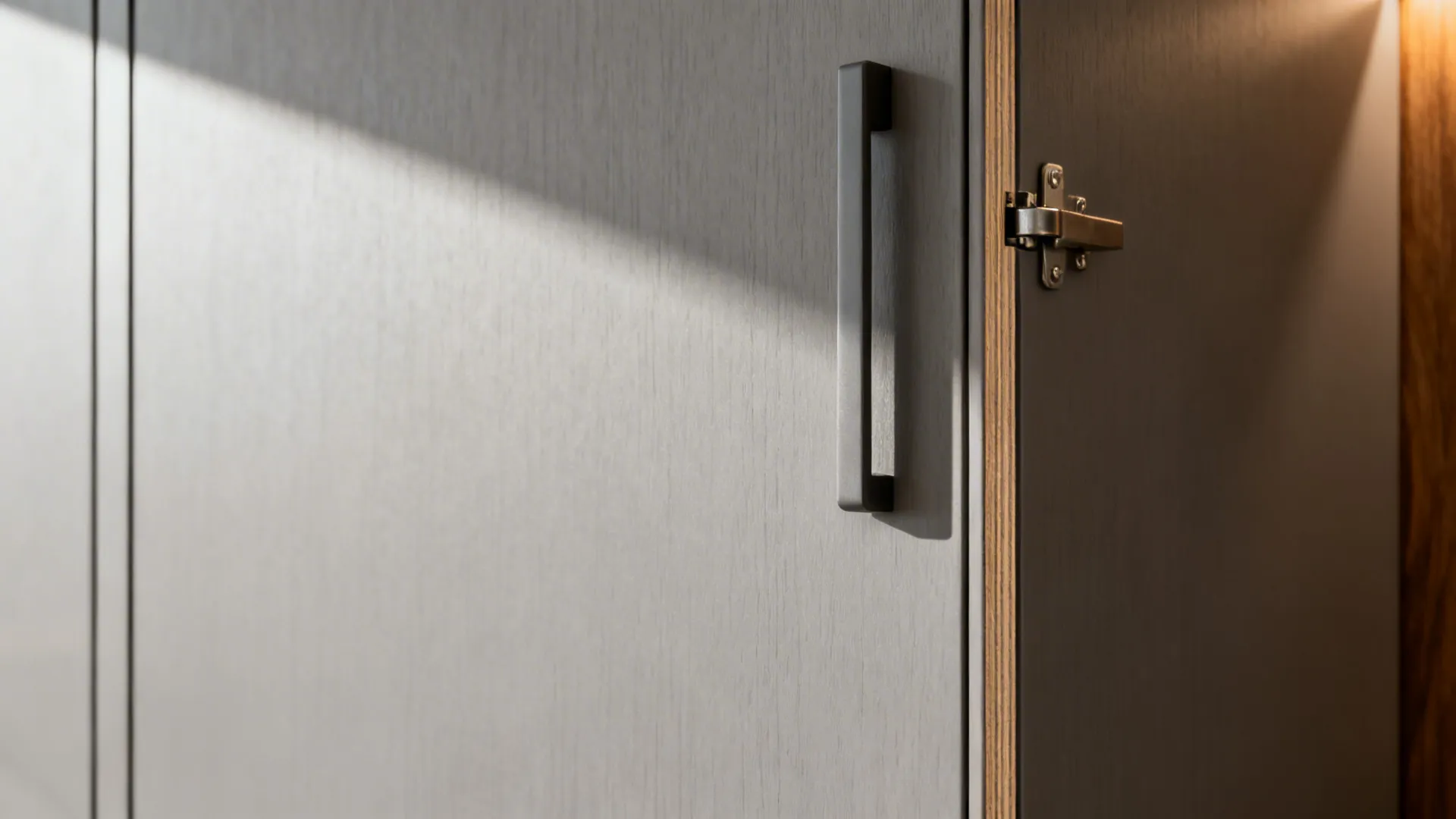 Macro view of soft-close hinge and edge-banded matte laminate tall cabinet door.