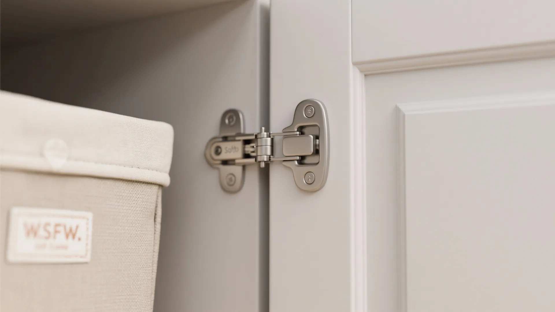 Close up of a silver metal door hinge attached to a white cabinet with storage