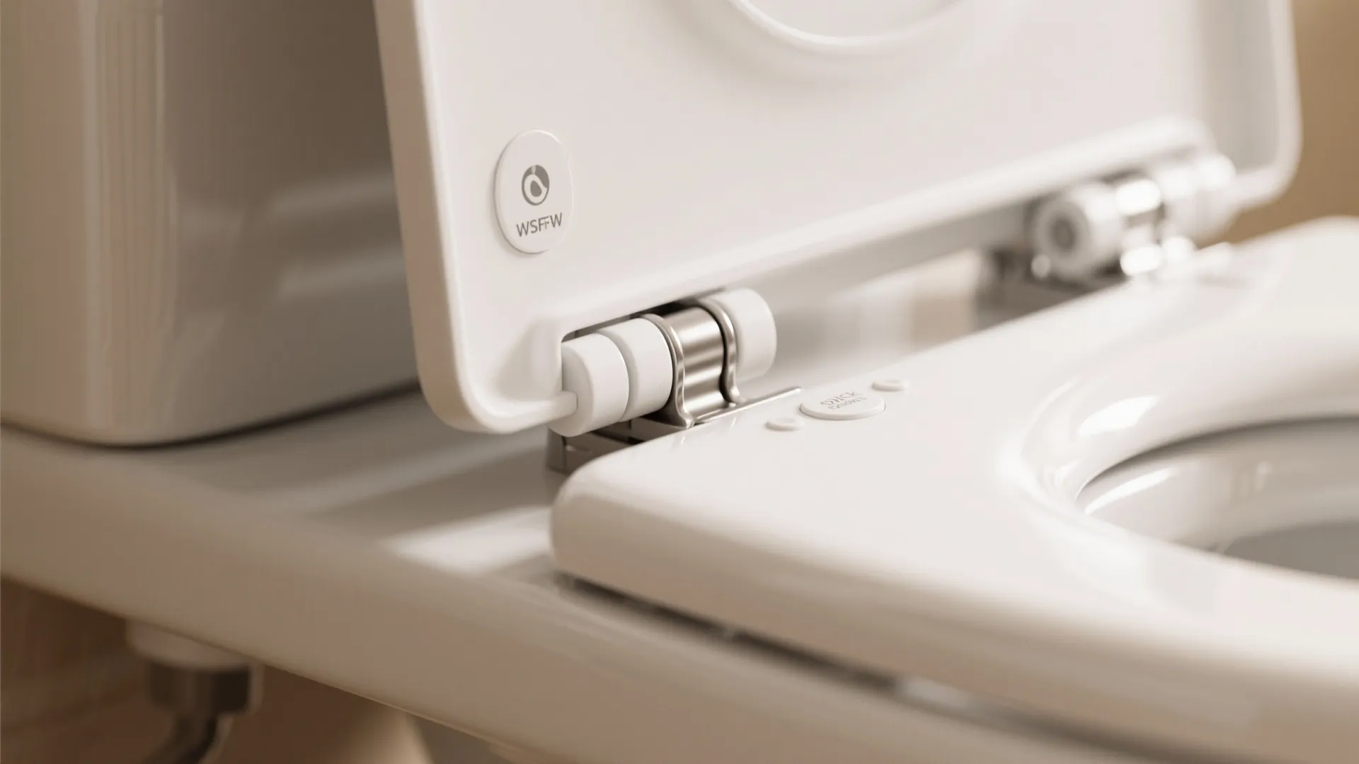 Close-up of a soft-close toilet seat hinge with quick-release system on a smooth white surface.