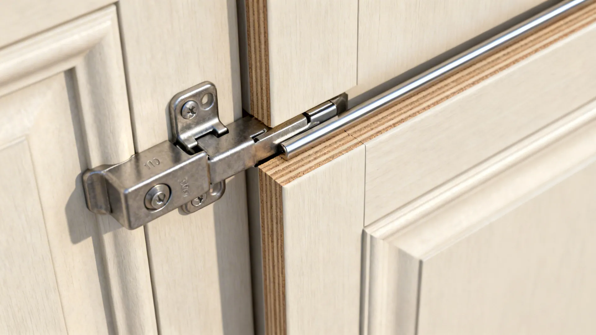 Close up of a metal door hinge installed on a light wood cabinet door frame