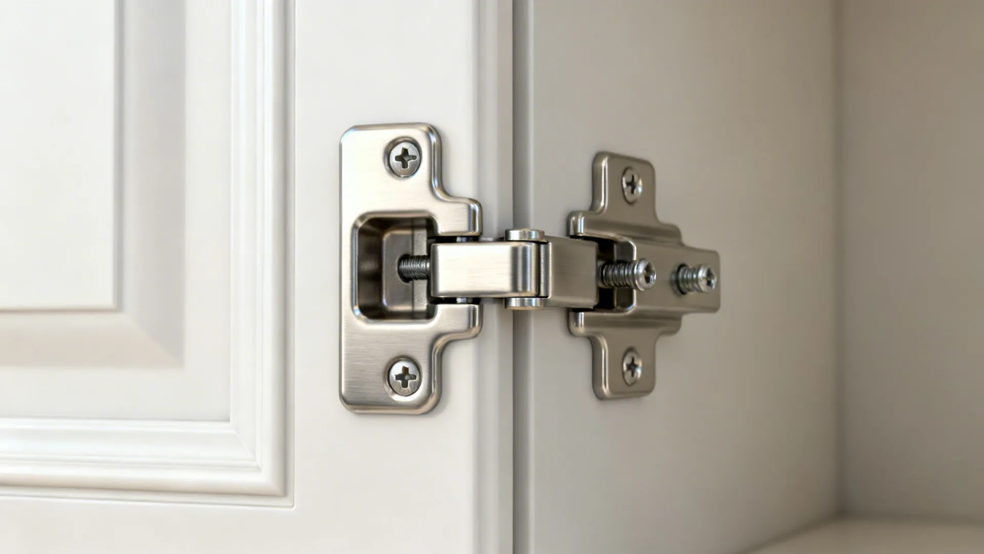 Macro view of a soft-close concealed hinge installed on a cabinet door.