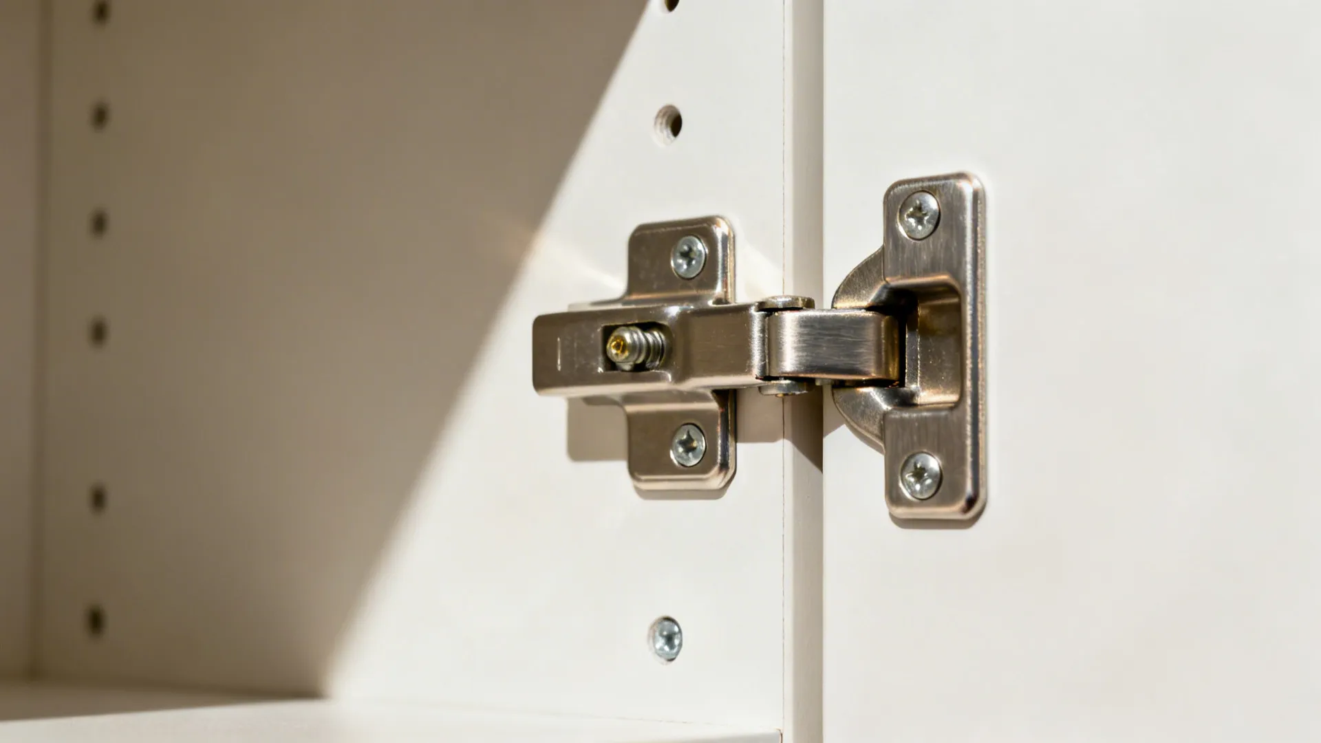 Macro view of a soft-close concealed hinge installed with precise alignment and brushed metal finish.