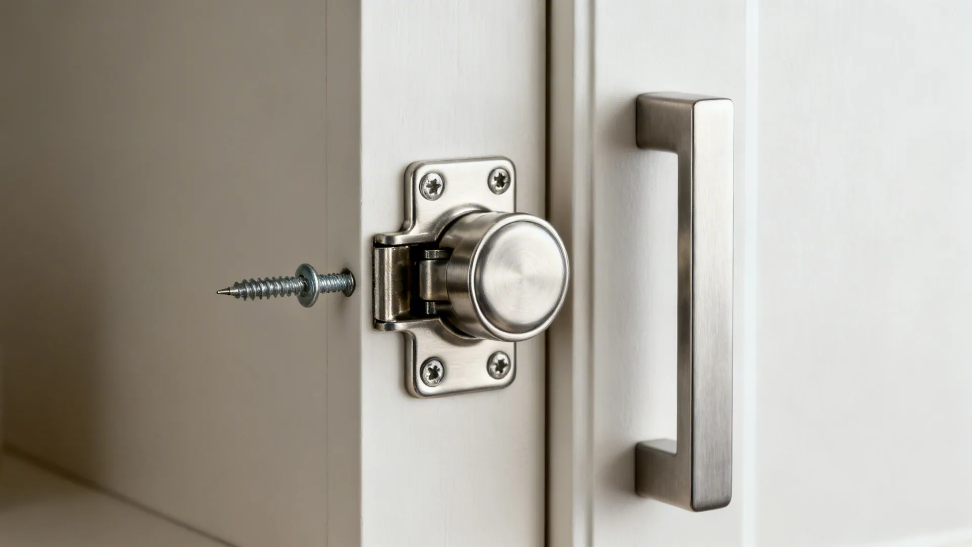 Macro of a soft-close concealed hinge and low-profile bar pull on a refaced door.