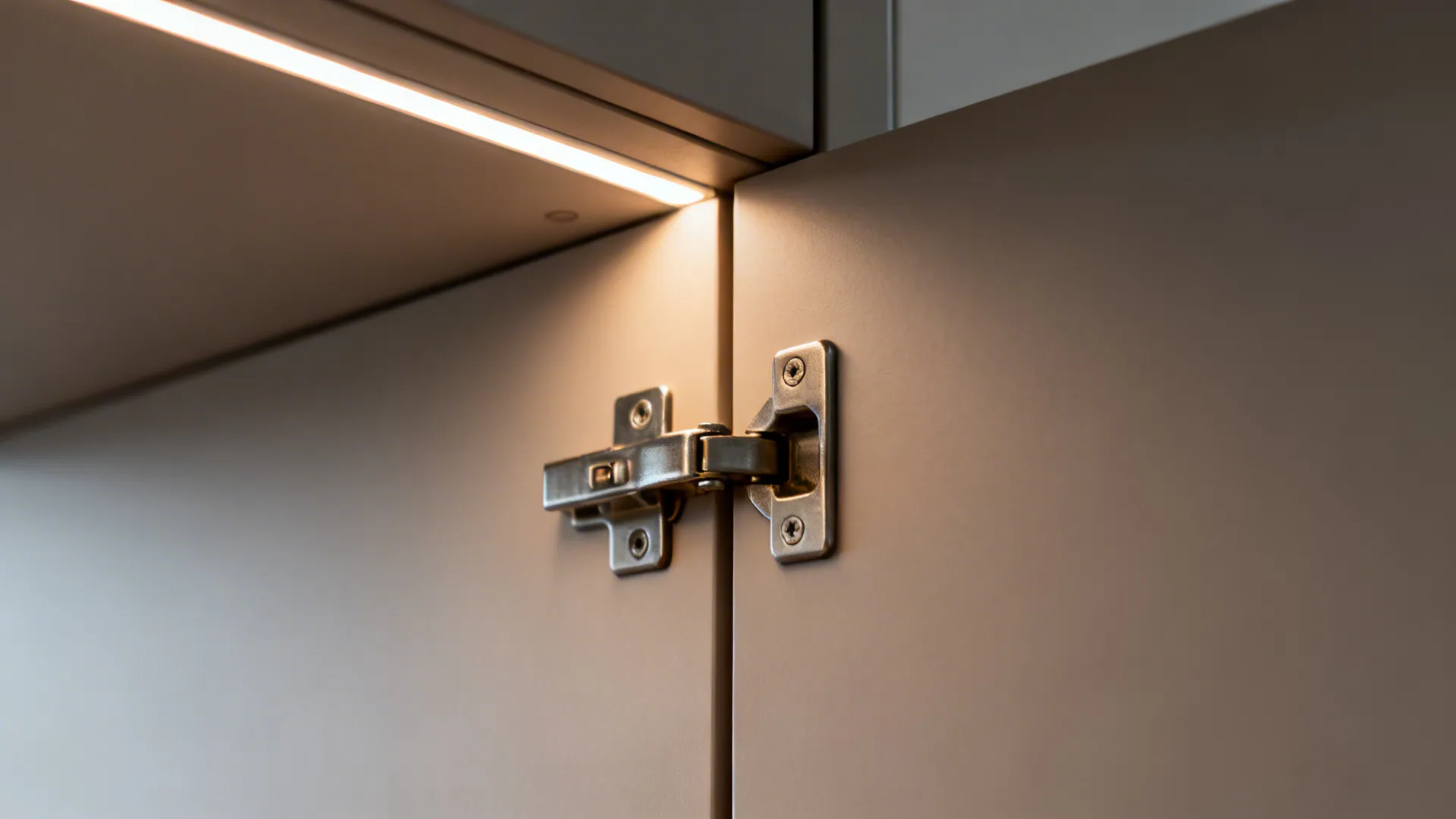 Macro of a soft-close hinge and warm LED strip under an upper cabinet in a matte kitchen.