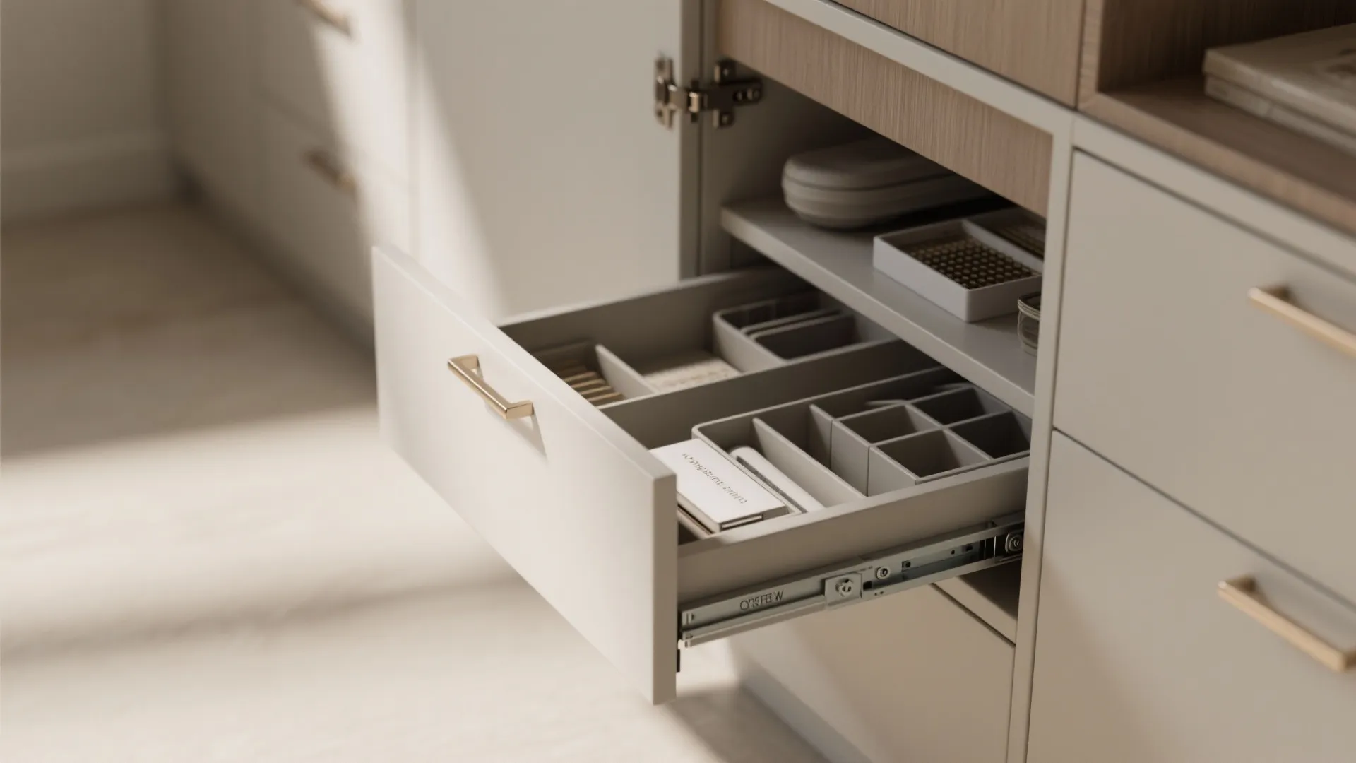 Open white cabinet drawer with gold handle showing a built-in organizer tray for small items