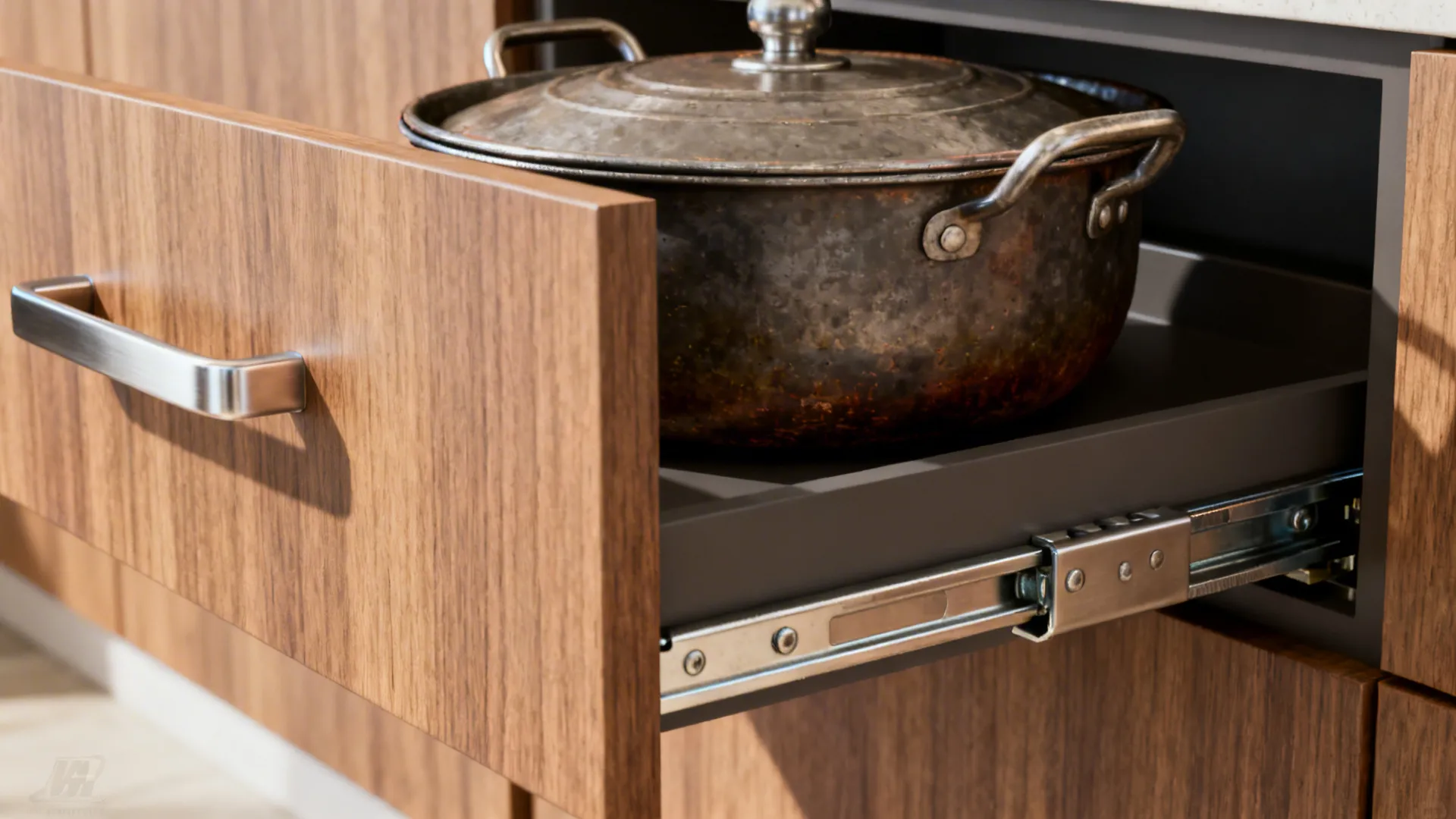 Macro of heavy-duty soft-close drawer runner supporting a heavy pot in a reinforced drawer.