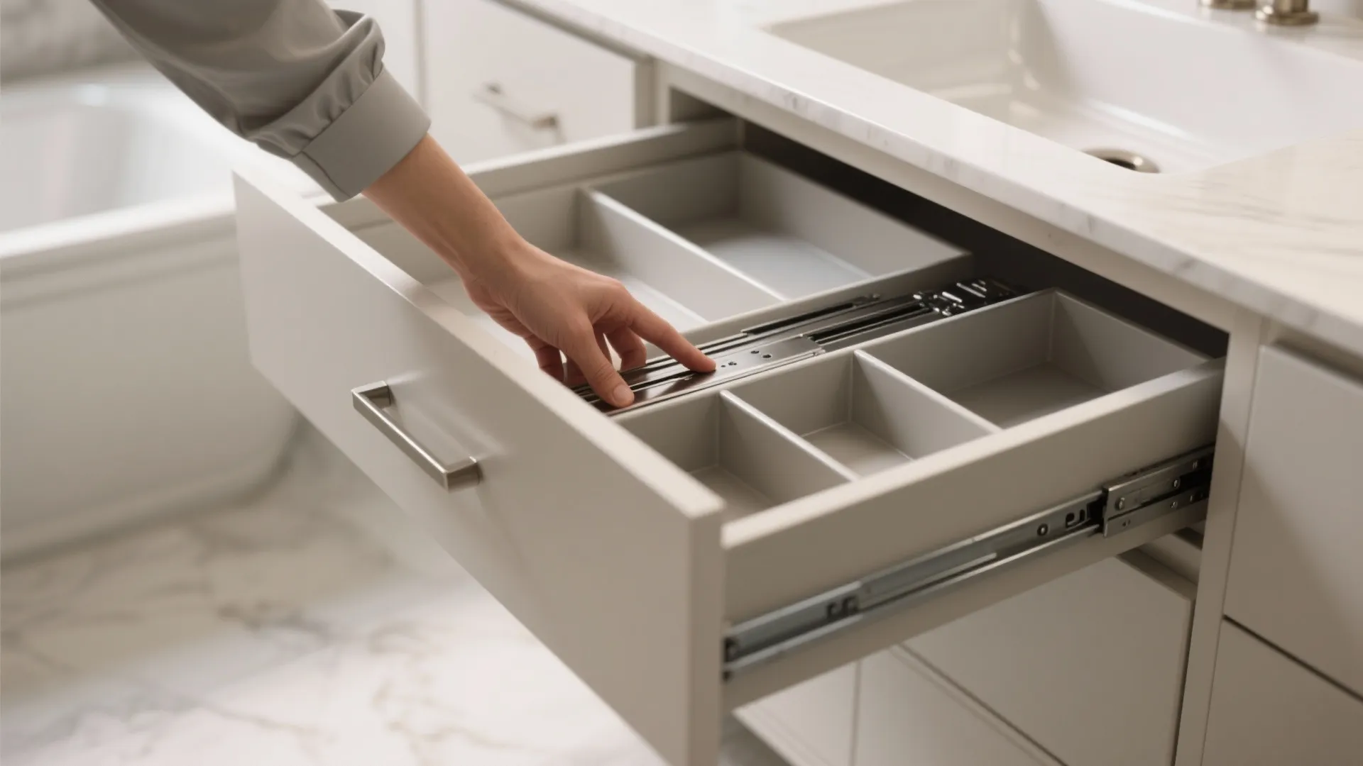 A person touching the metal drawer slides of a modern white vanity with divided compartments