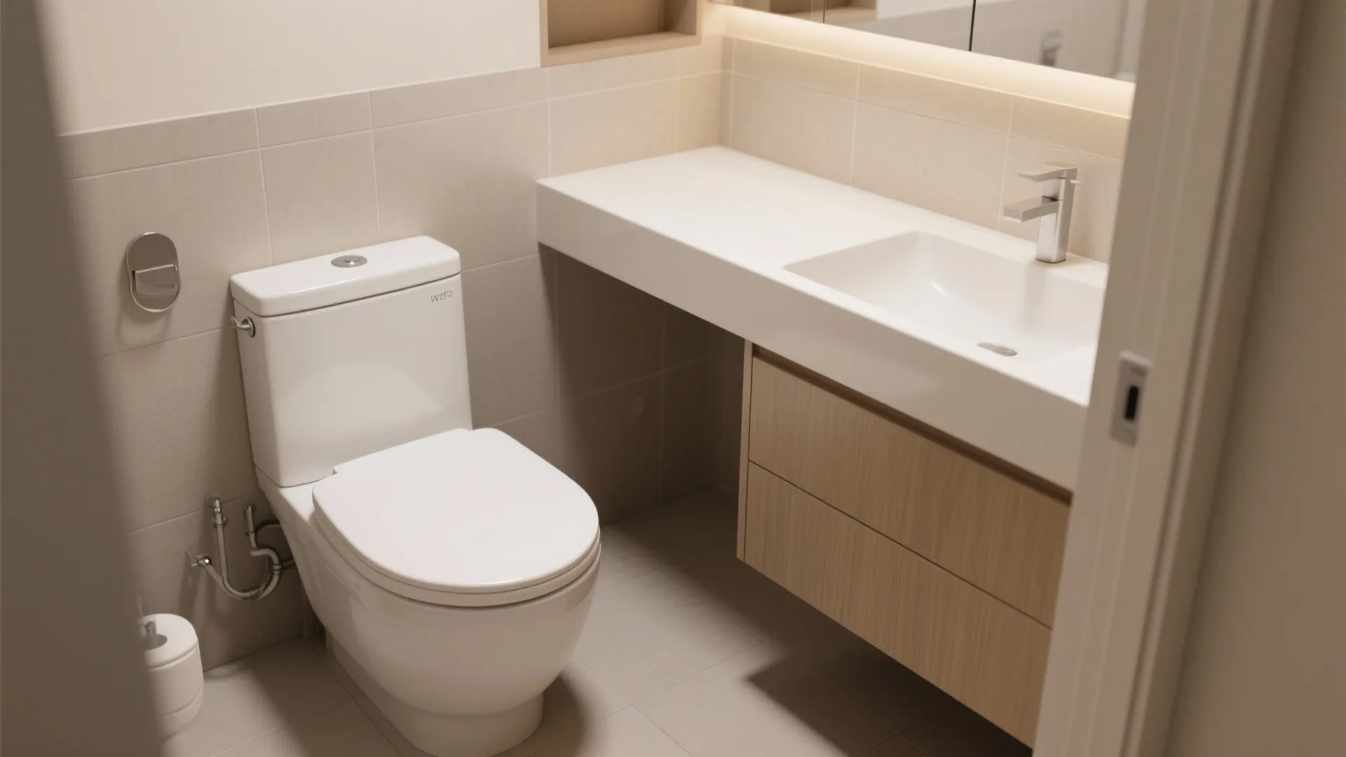 L-shaped small bathroom with a contoured soft-close toilet seat and a shallow floating vanity.