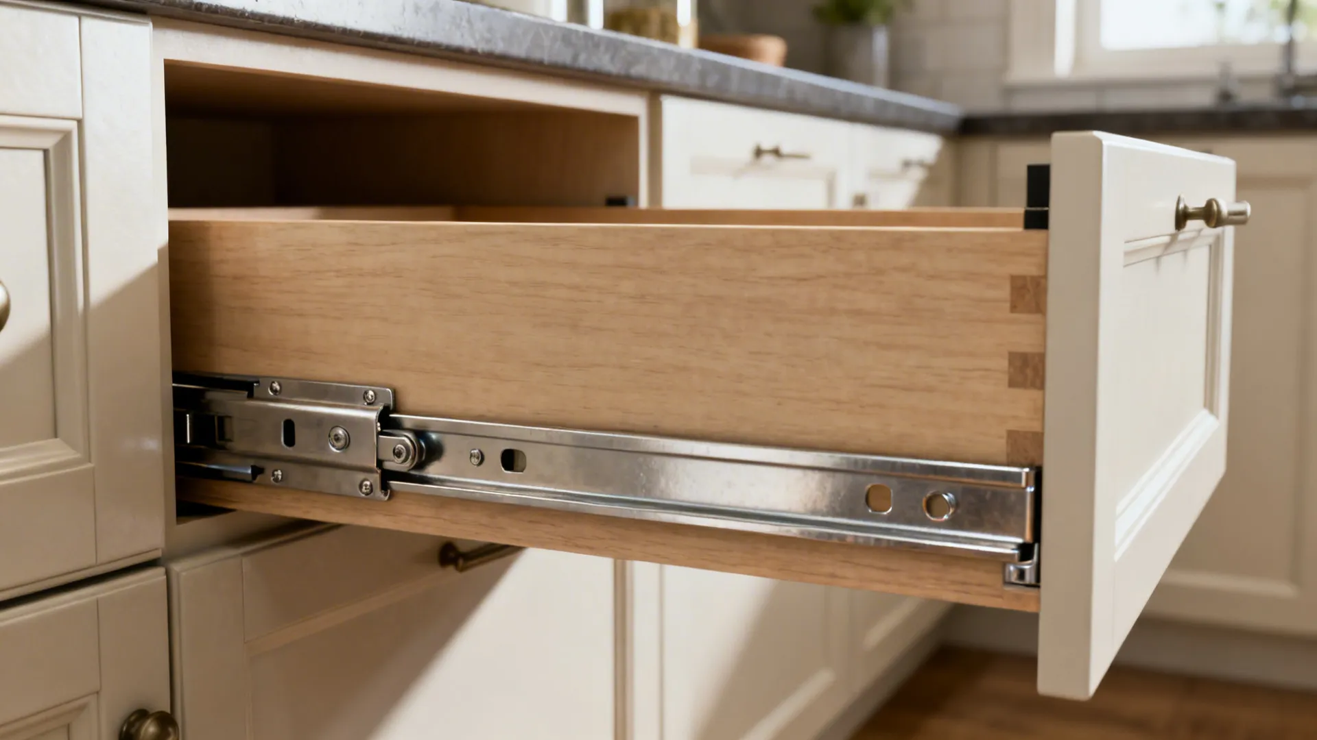 Macro of soft-close drawer slide and metal drawer side with precise hardware.