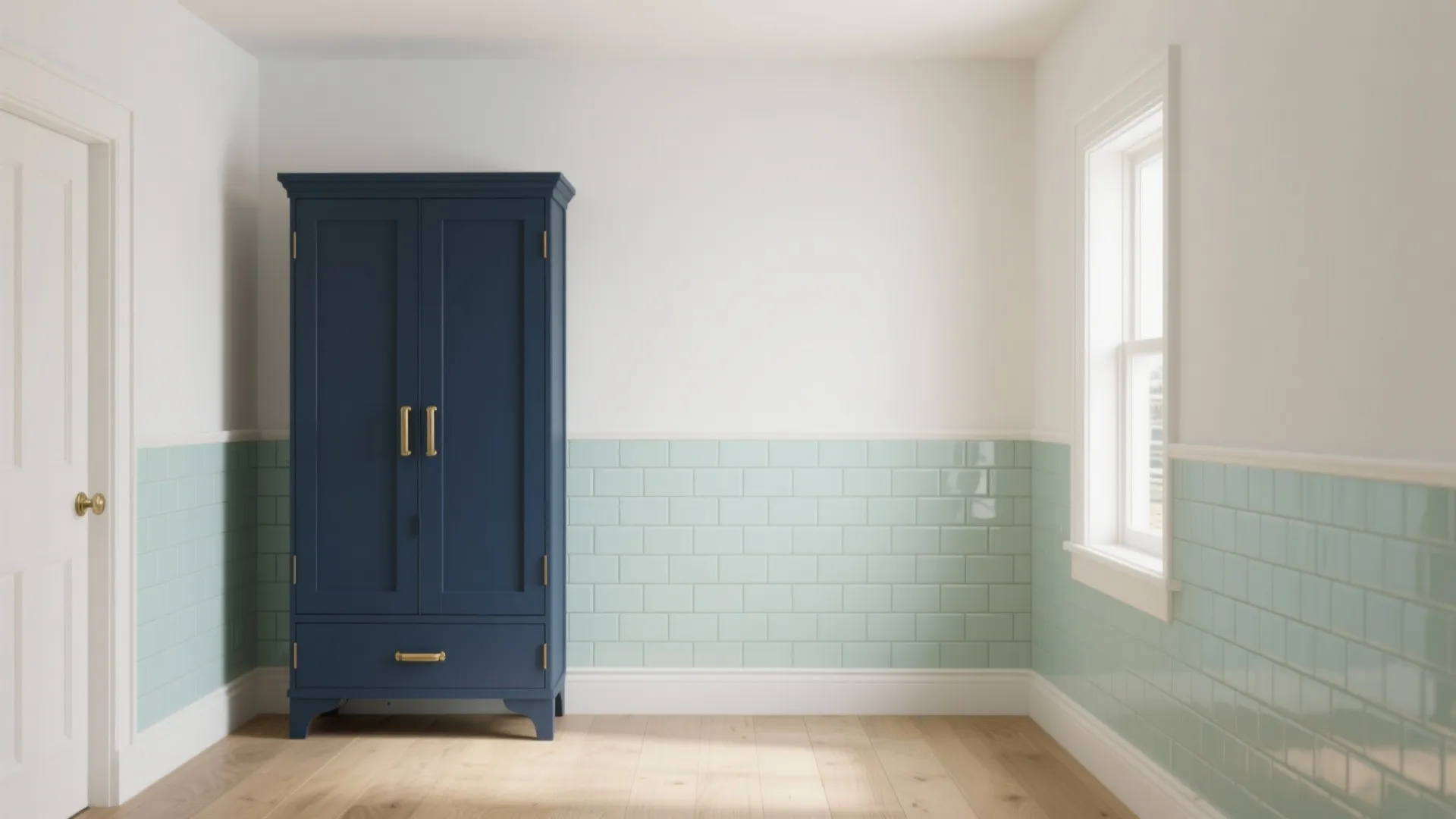 Navy blue cabinet in a room with white walls green wall panels and wooden floor