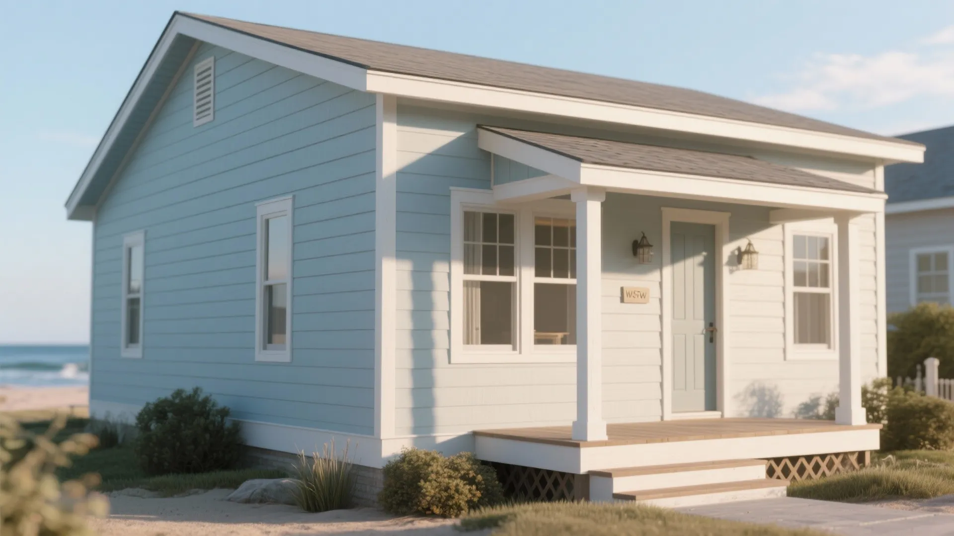Light blue coastal house with white trim and a small front porch near the beach