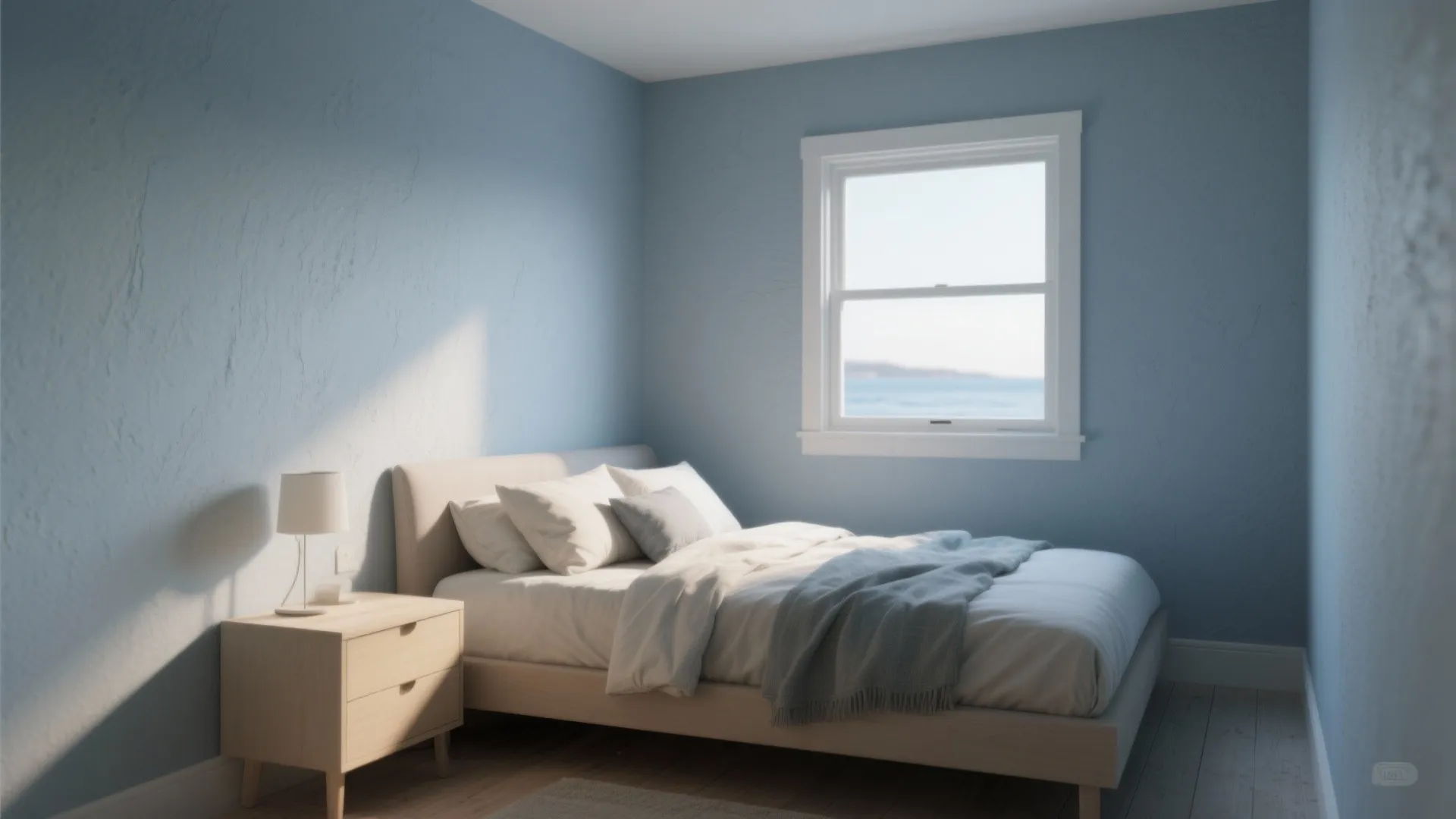 Bright minimalist bedroom with blue walls white bedding wooden side table and window showing ocean