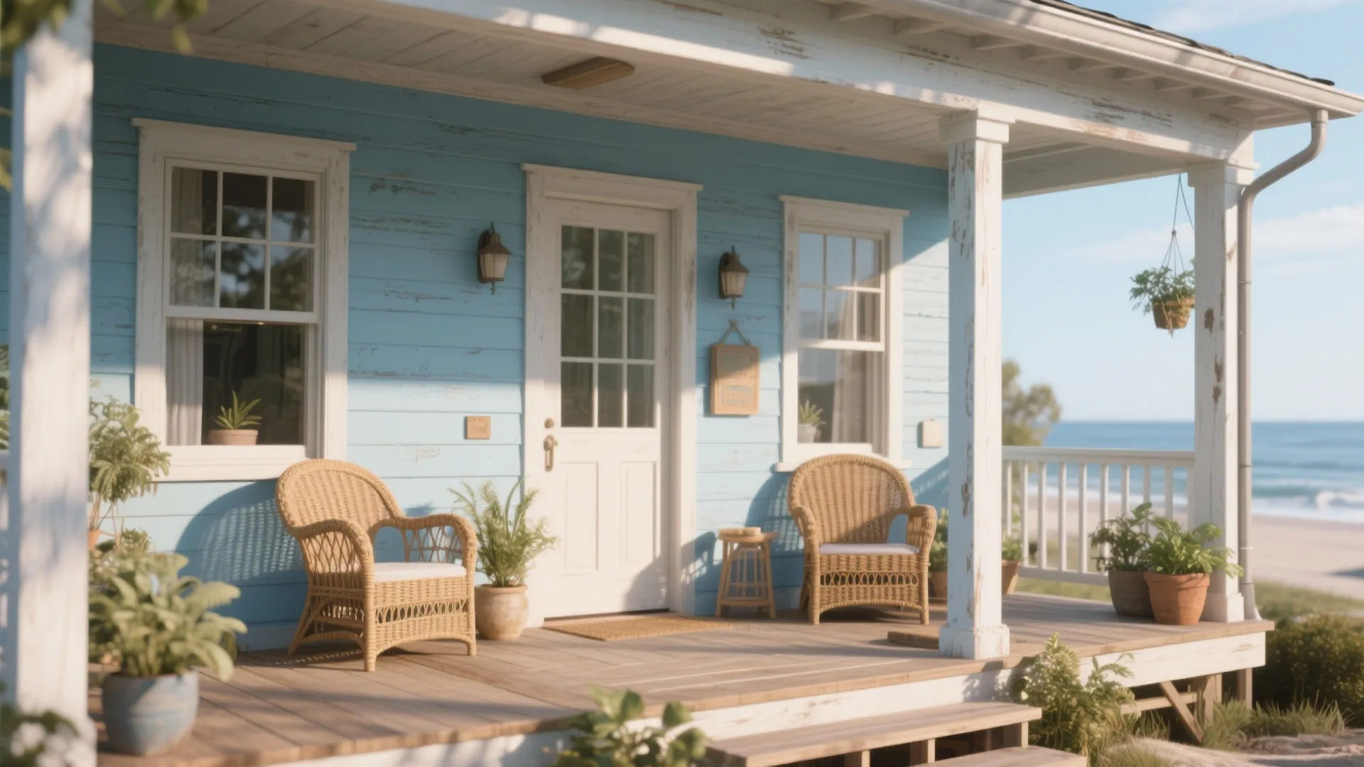 Light blue wooden house porch with two chairs small table potted plants and ocean view