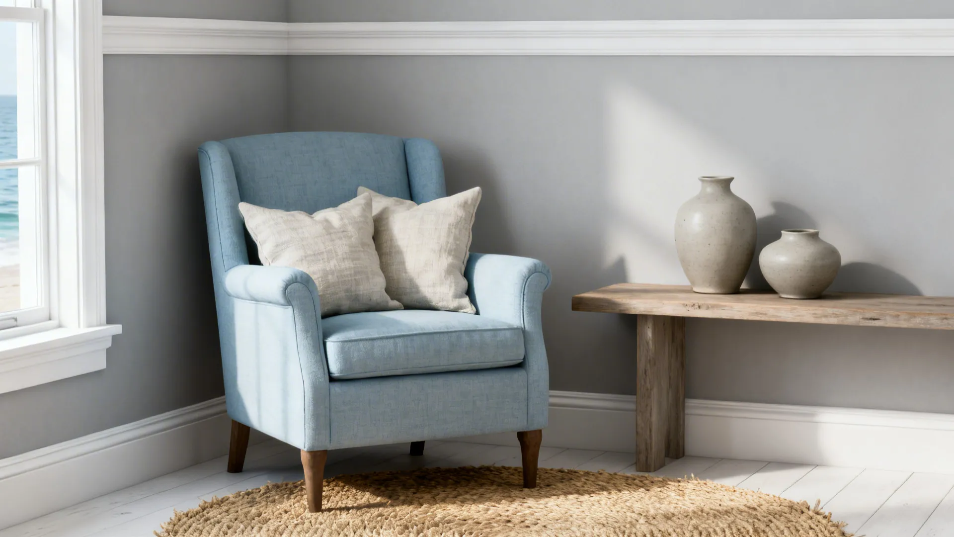 Light blue armchair with beige pillows beside wooden bench with two vases on jute rug