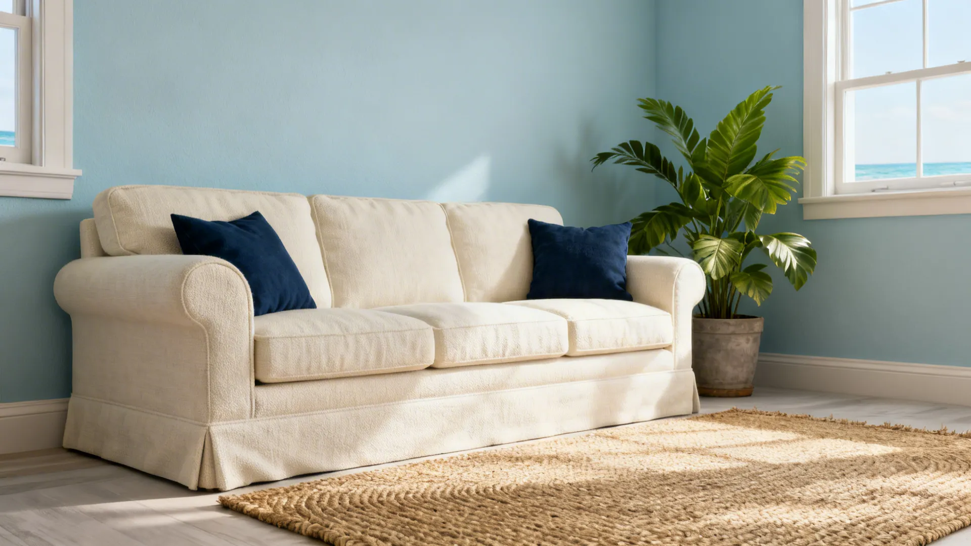 Powder blue feature wall with cream sofa and natural rug creating a calm coastal vibe