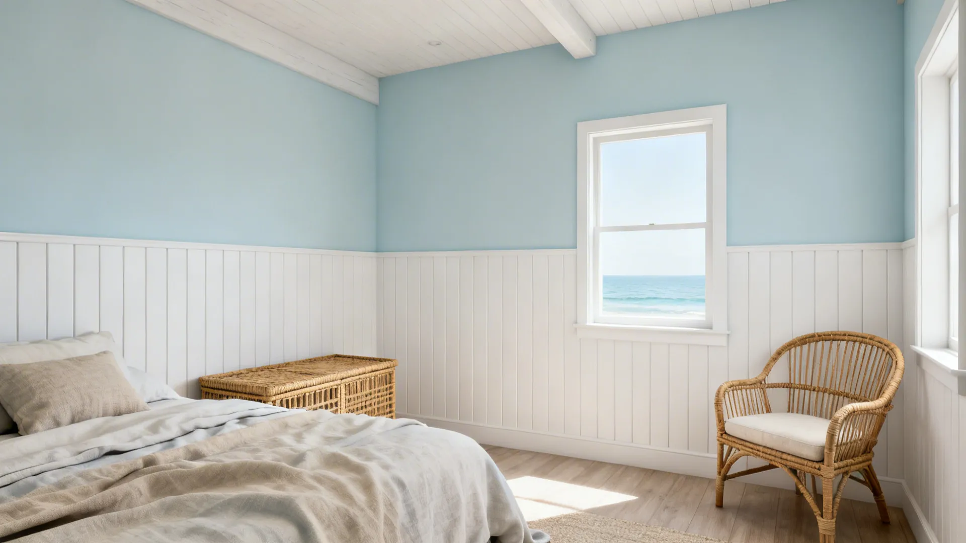 Pale blue-walled bedroom with white beadboard and rattan furniture in soft daylight.