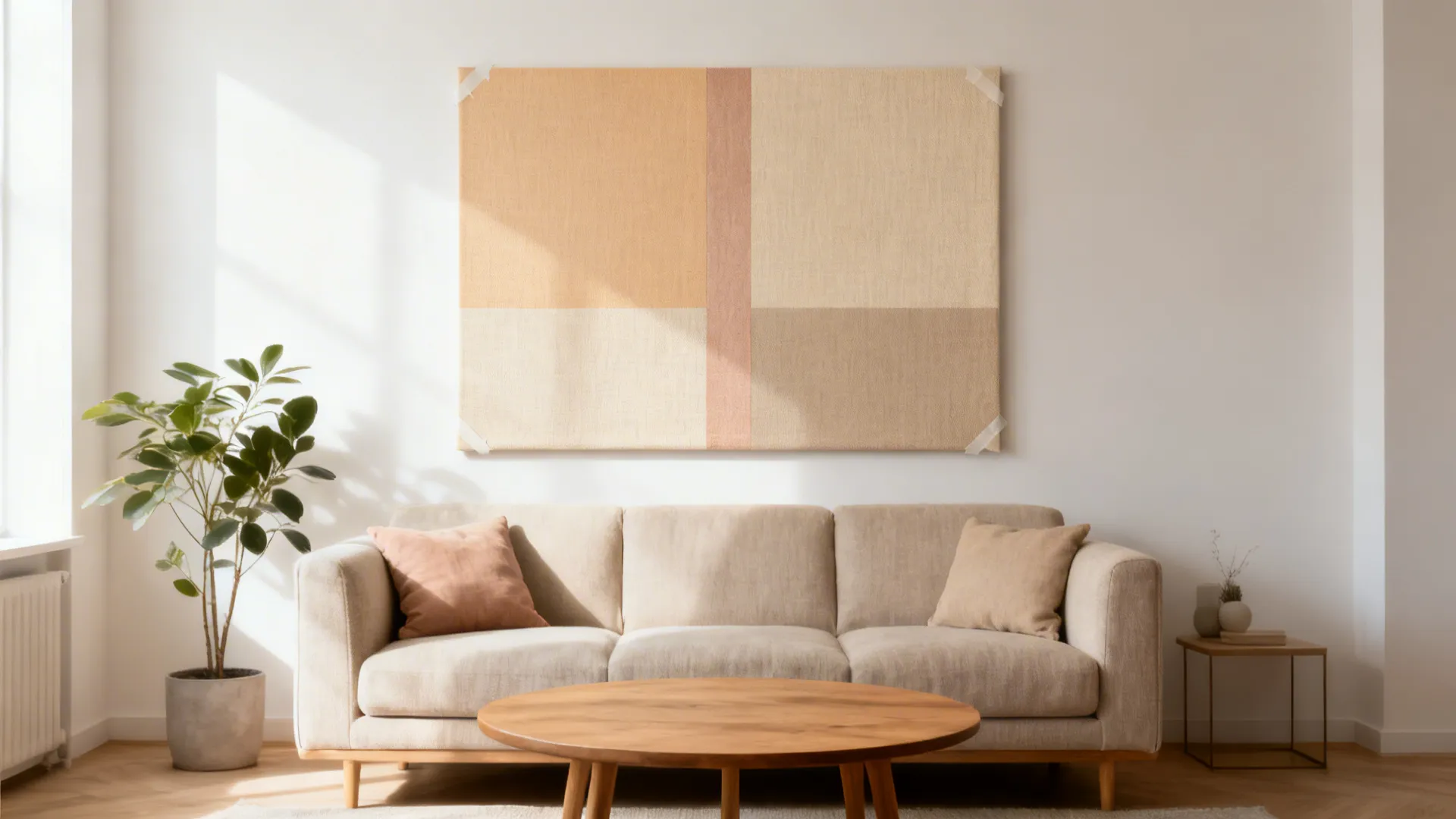 Soft color-block canvas art with three gentle rectangles above a neutral sofa.