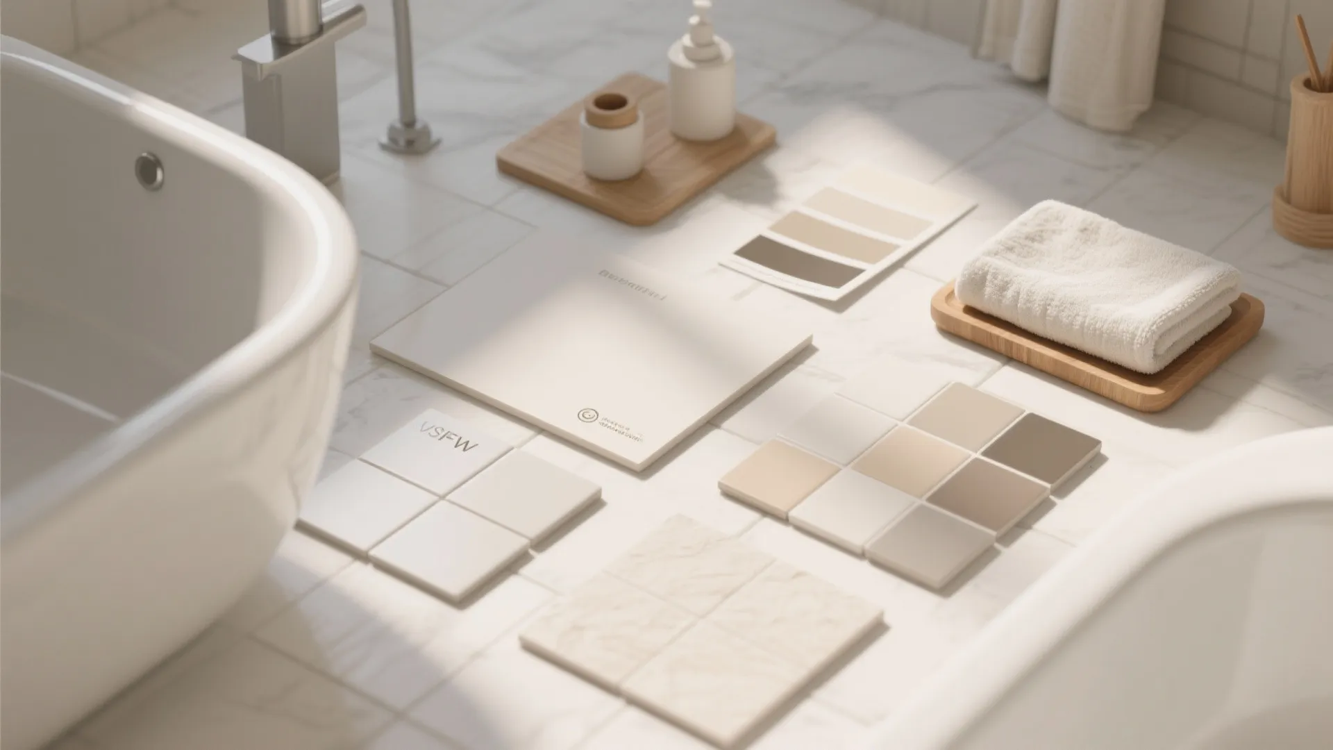 Bathroom design material board with beige tiles, color swatches, white towel, and neutral stone samples