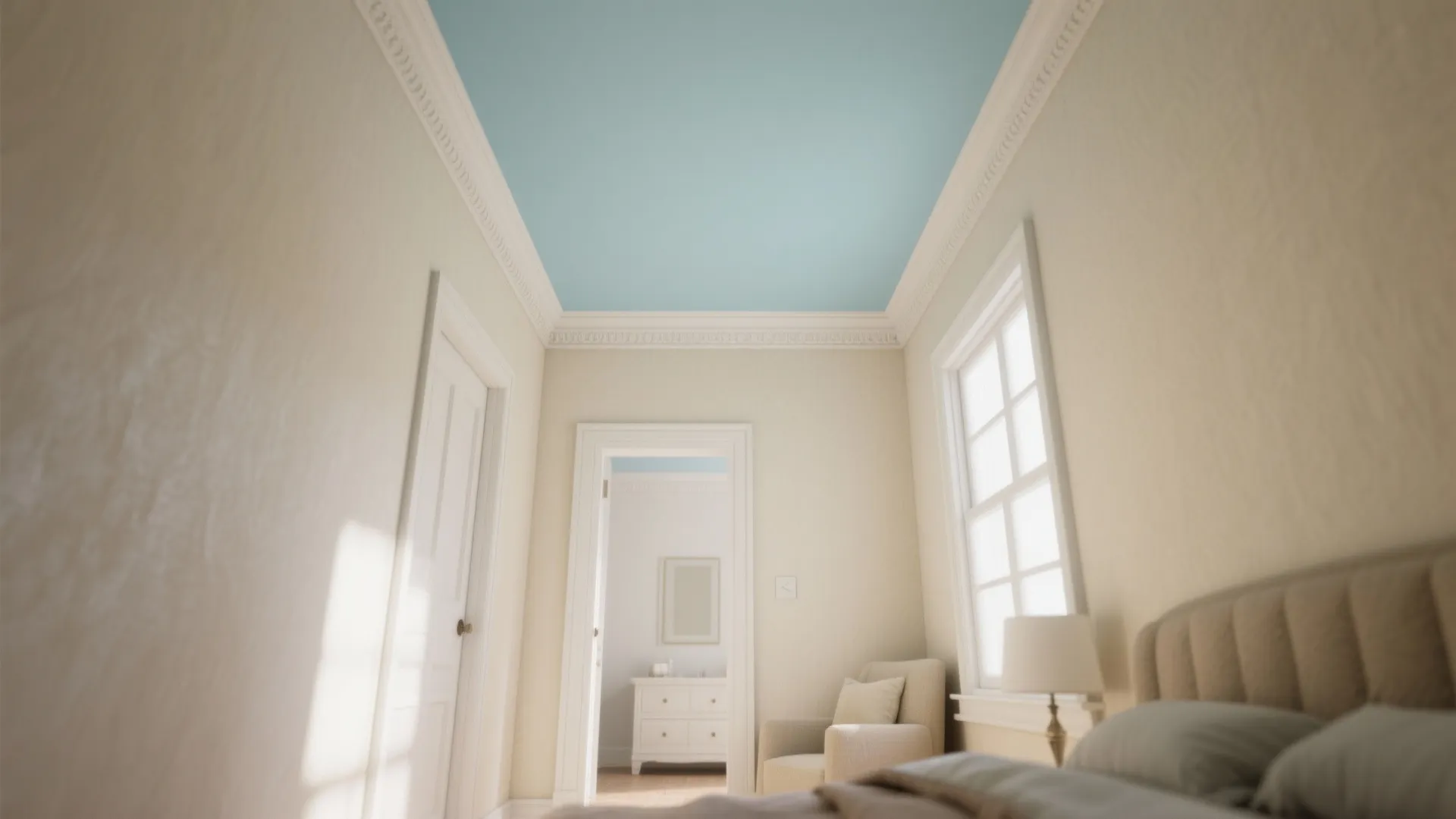 Bedroom interior with light blue ceiling white walls wooden floor armchair dresser window and natural light