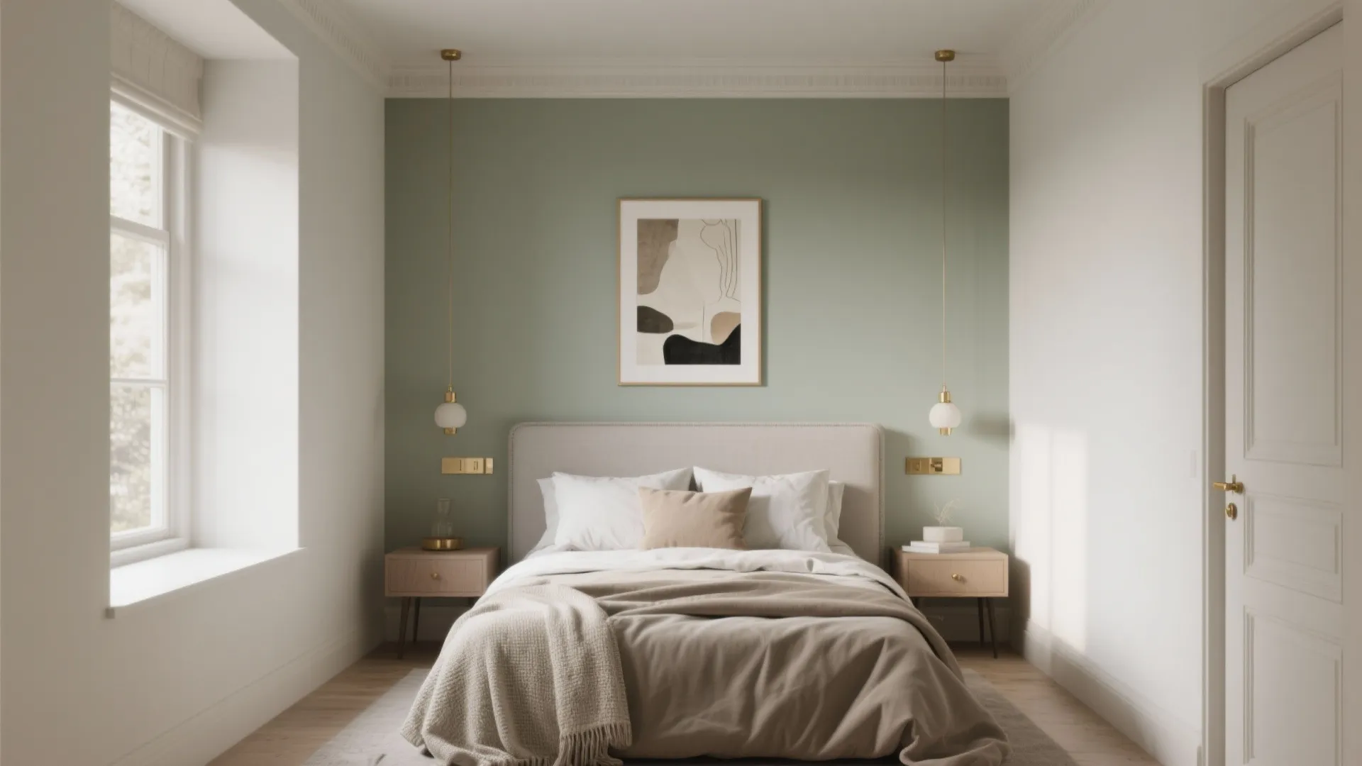 Minimalist bedroom with green accent wall beige bed two small nightstands and gold light fixtures